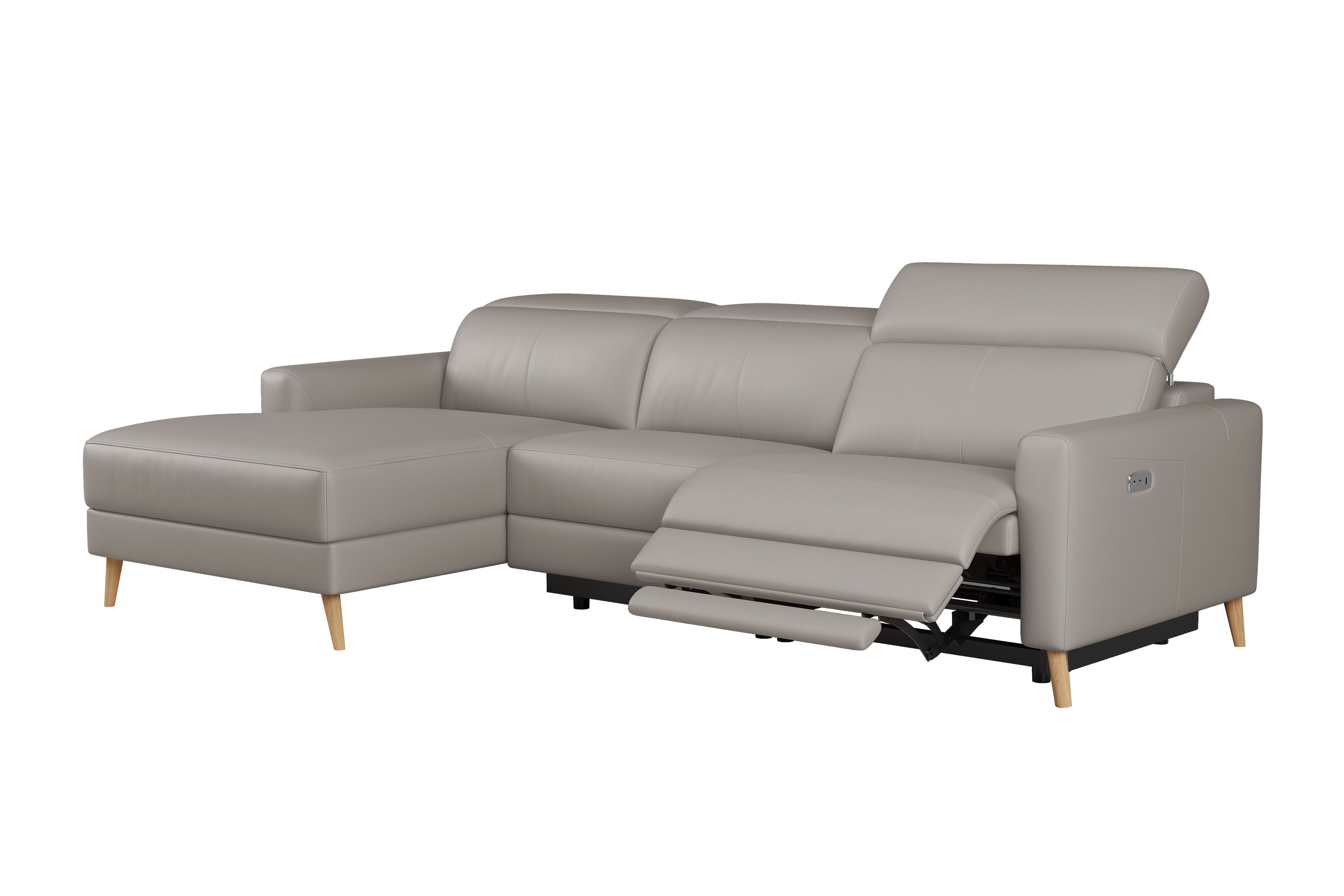 Valencia Elodie Top Grain Leather Sectional Sofa, Three Seats with Left Chaise, Light Grey