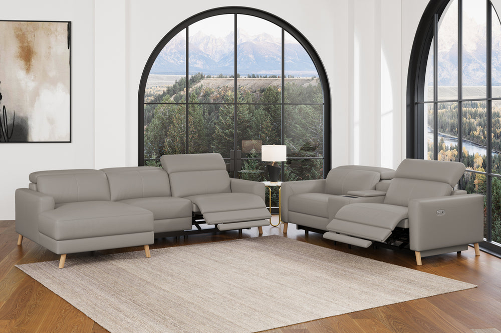 Valencia Elodie Top Grain Leather Sectional Sofa, Three Seats with Left Chaise, Light Grey