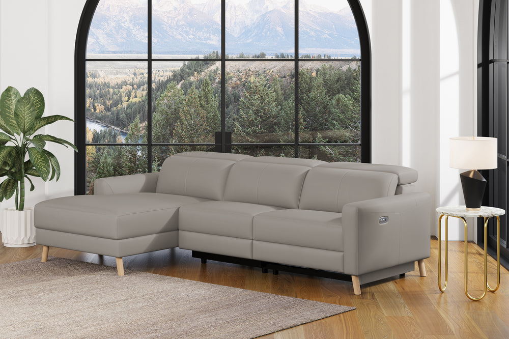 Valencia Elodie Top Grain Leather Sectional Sofa, Three Seats with Left Chaise, Light Grey