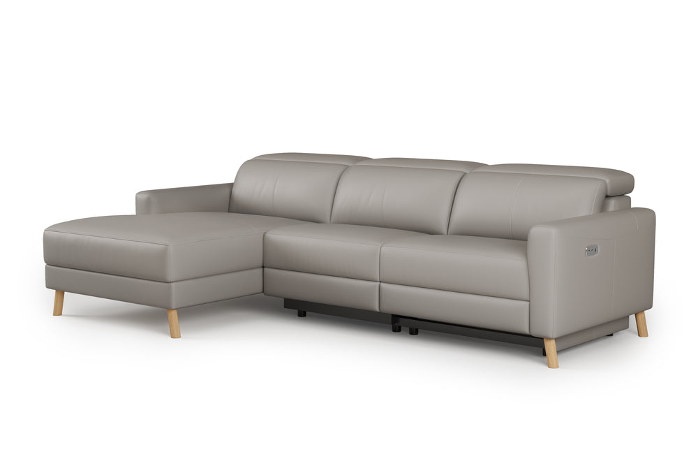 Valencia Elodie Top Grain Leather Sectional Sofa, Three Seats with Left Chaise, Light Grey