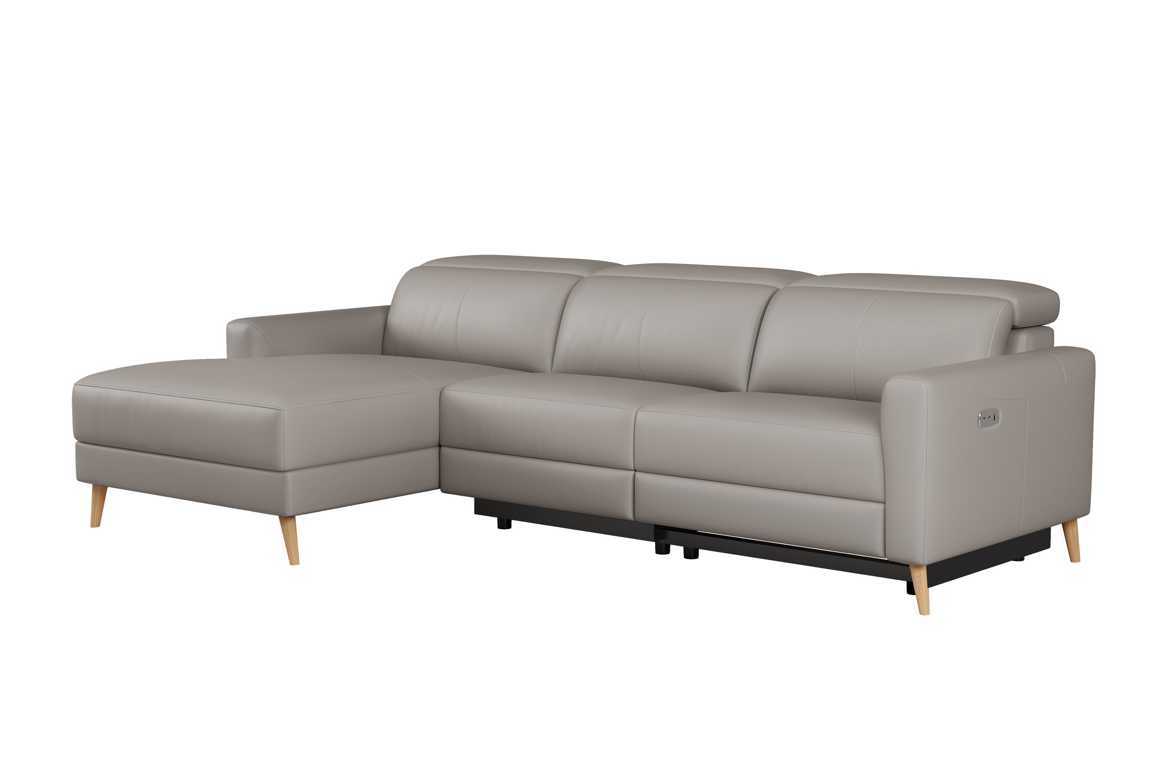 Valencia Elodie Top Grain Leather Sectional Sofa, Three Seats with Left Chaise, Light Grey