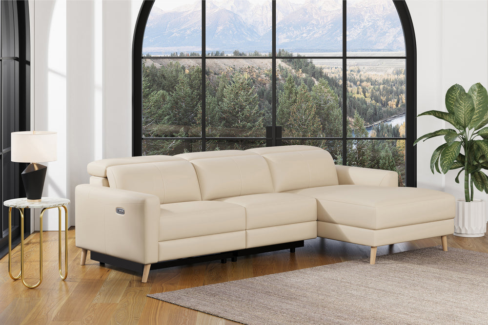 Valencia Elodie Top Grain Leather Sectional Sofa, Three Seats with Right Chaise, Beige