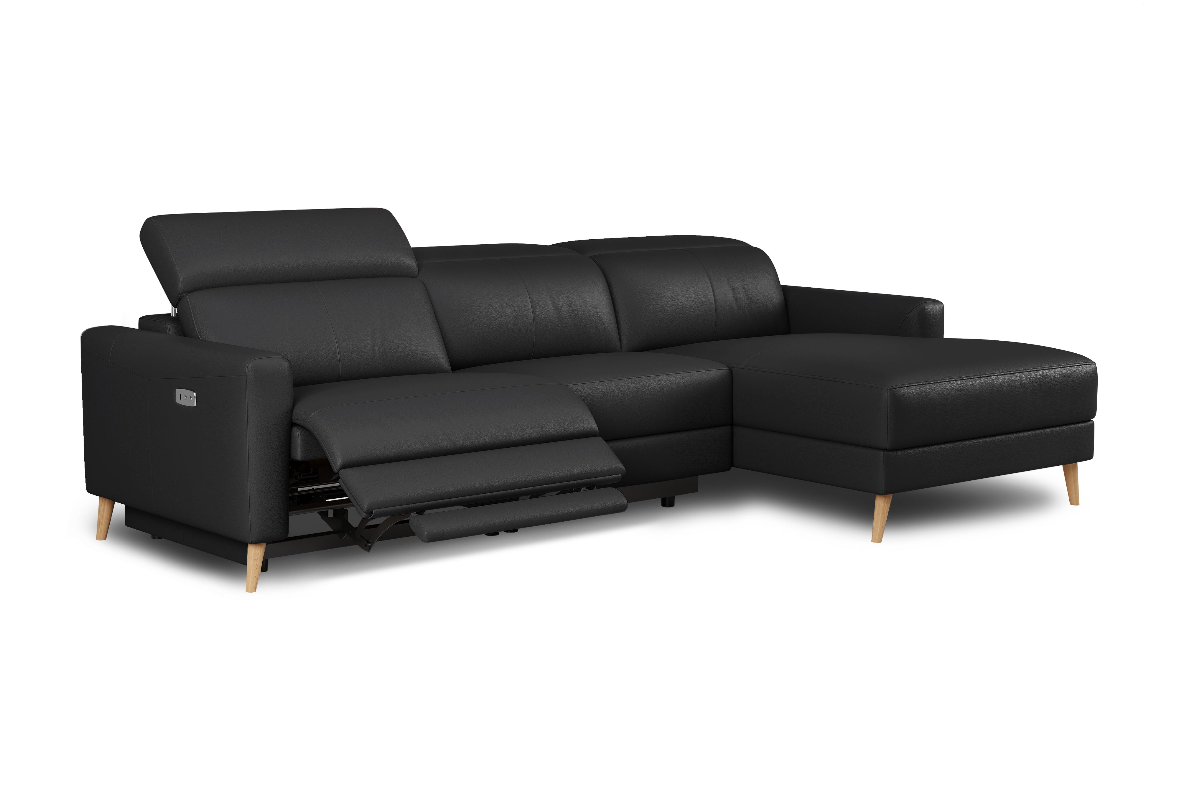 Valencia Elodie Top Grain Leather Sectional Sofa, Three Seats with Right Chaise, Black