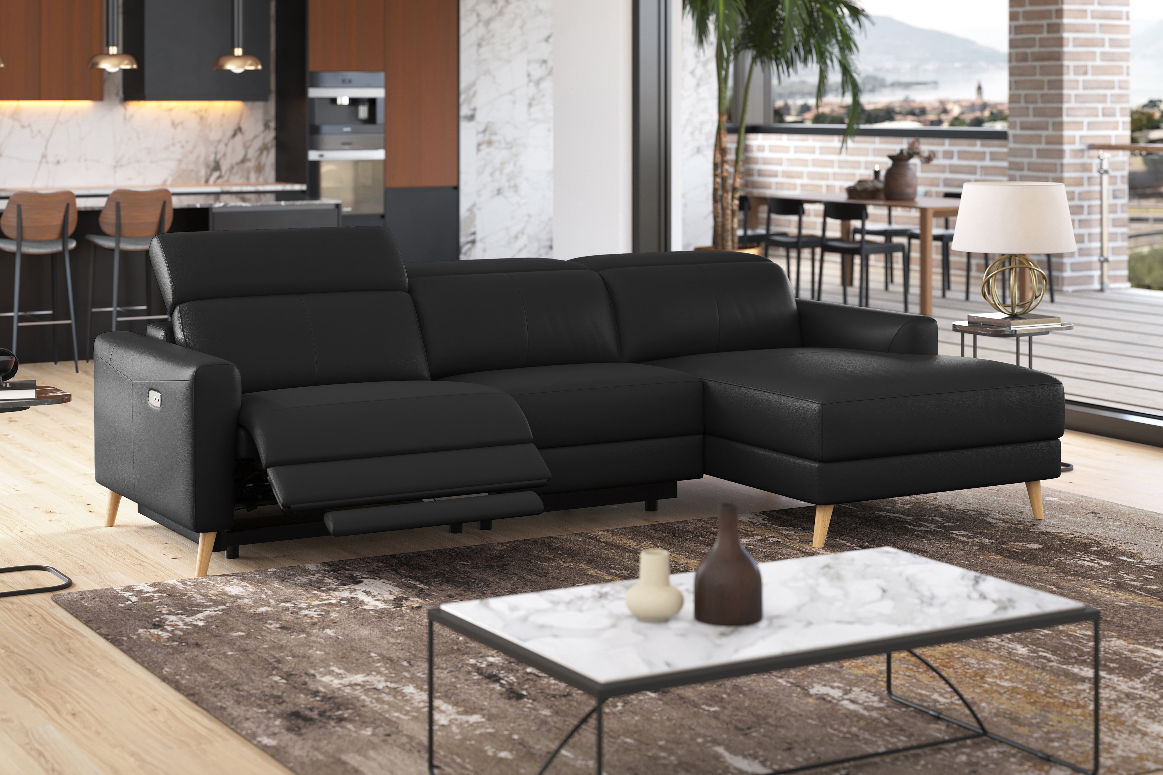 Valencia Elodie Top Grain Leather Sectional Sofa, Three Seats with Right Chaise, Black