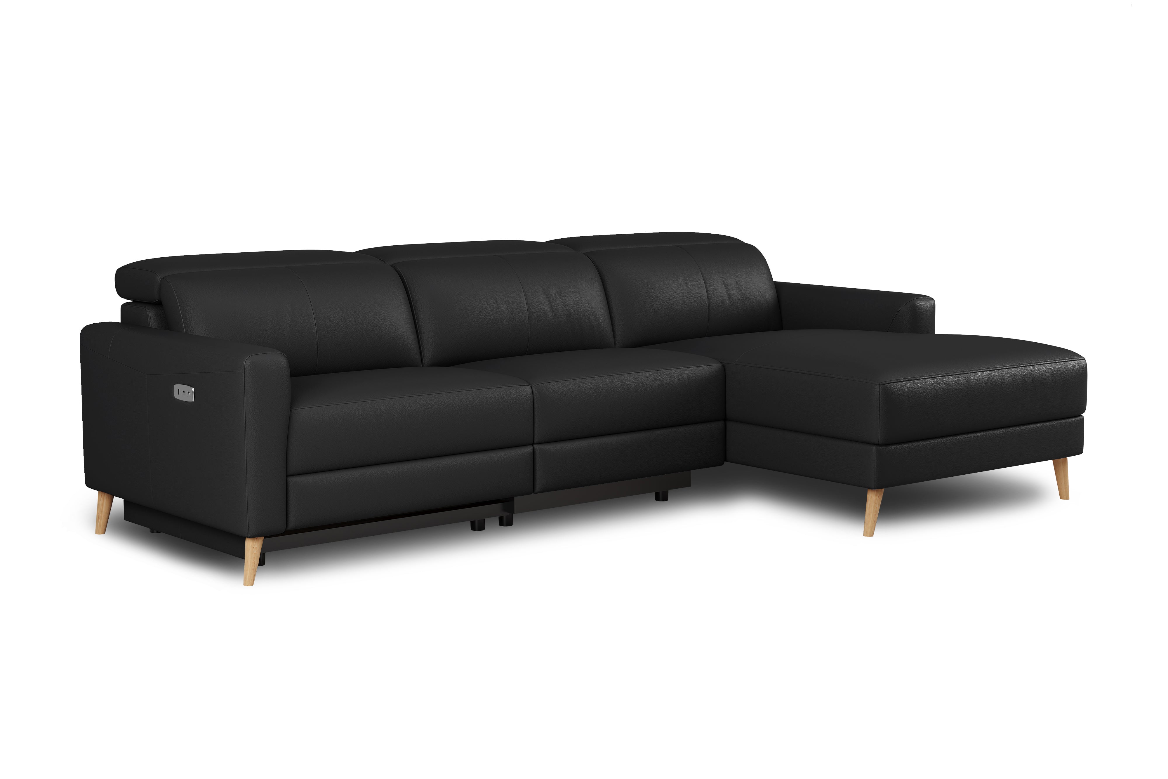 Valencia Elodie Top Grain Leather Sectional Sofa, Three Seats with Right Chaise, Black