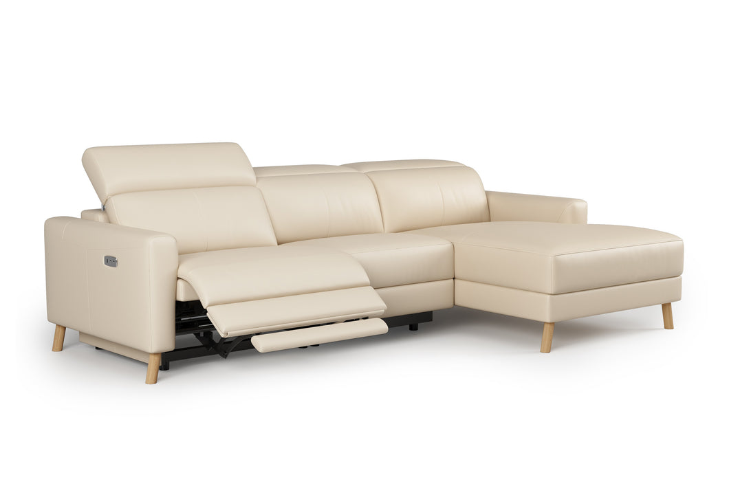 Valencia Elodie Top Grain Leather Sectional Sofa, Three Seats with Right Chaise, Beige