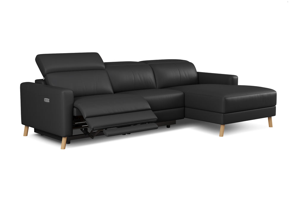 Valencia Elodie Top Grain Leather Sectional Sofa, Three Seats with Right Chaise, Black