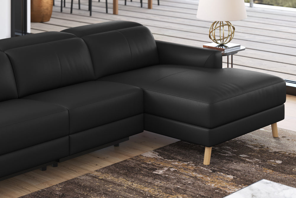 Valencia Elodie Top Grain Leather Sectional Sofa, Three Seats with Right Chaise, Black