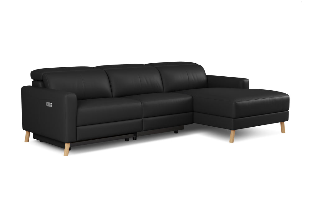 Valencia Elodie Top Grain Leather Sectional Sofa, Three Seats with Right Chaise, Black