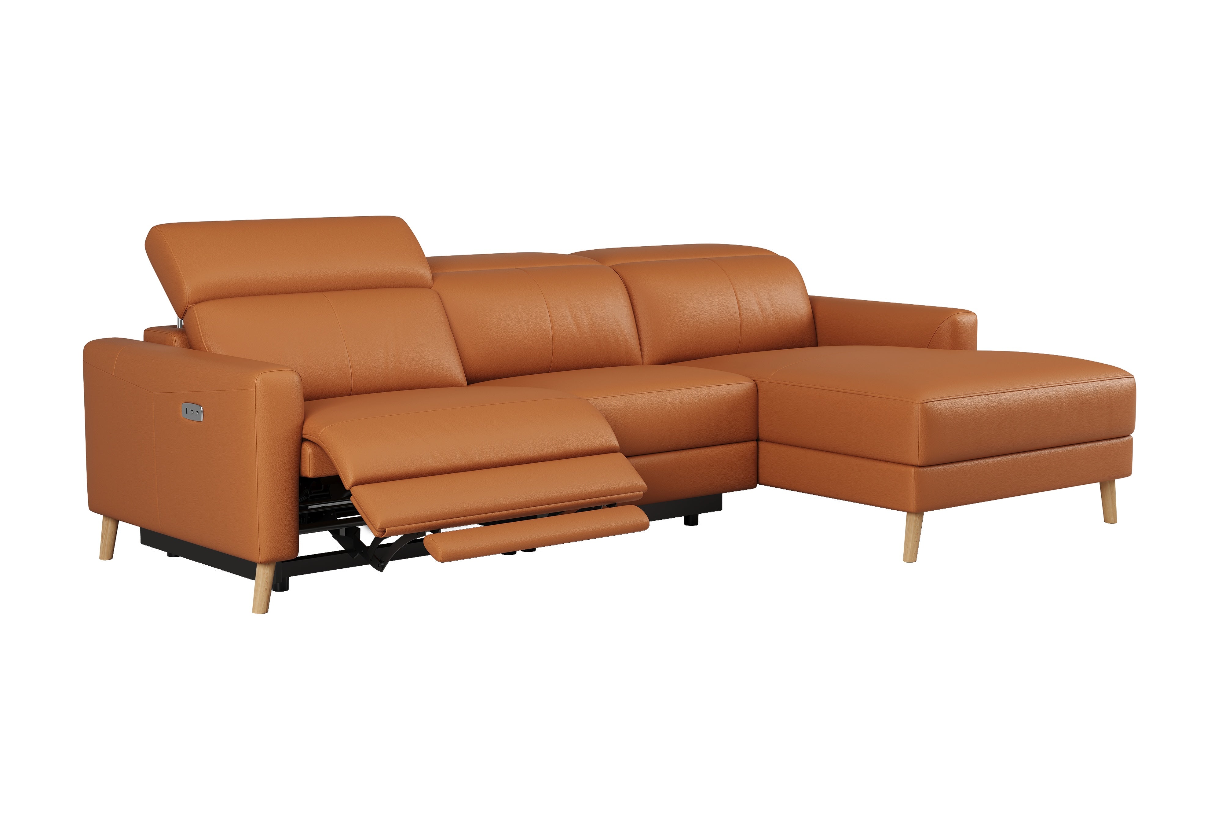 Valencia Elodie Top Grain Leather Sectional Sofa, Three Seats with Right Chaise, Cognac