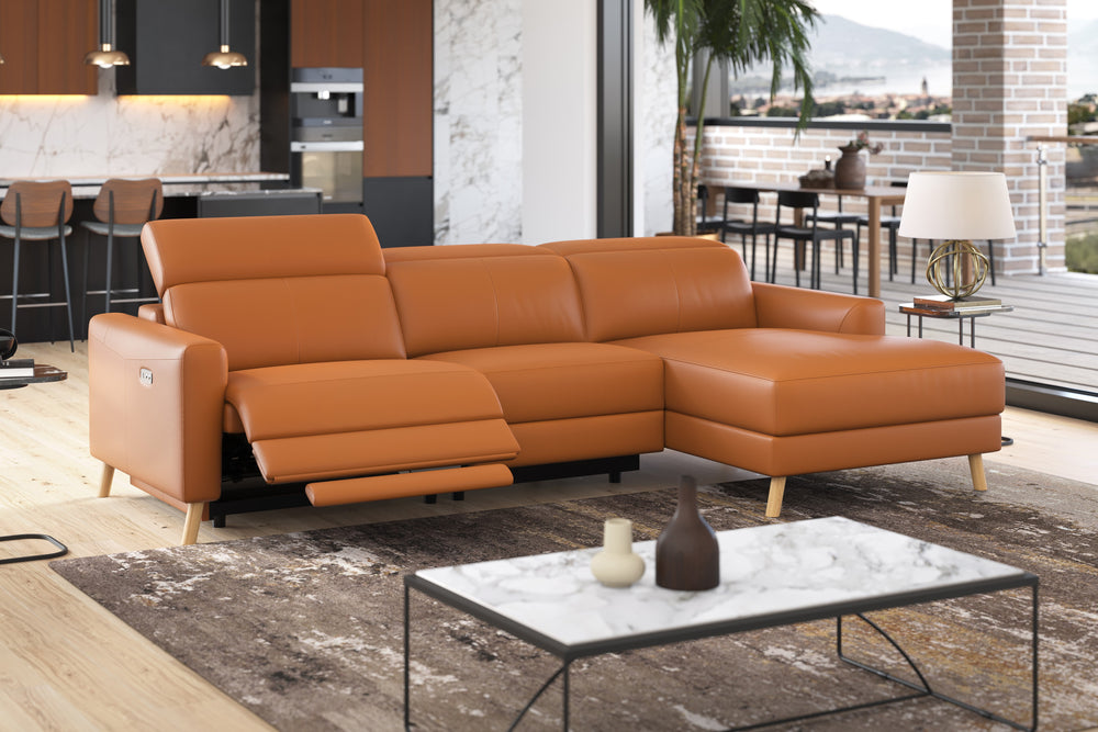 Valencia Elodie Top Grain Leather Sectional Sofa, Three Seats with Right Chaise, Cognac