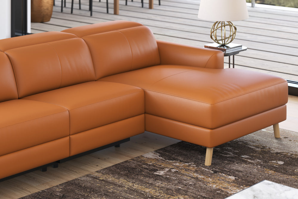 Valencia Elodie Top Grain Leather Sectional Sofa, Three Seats with Right Chaise, Cognac