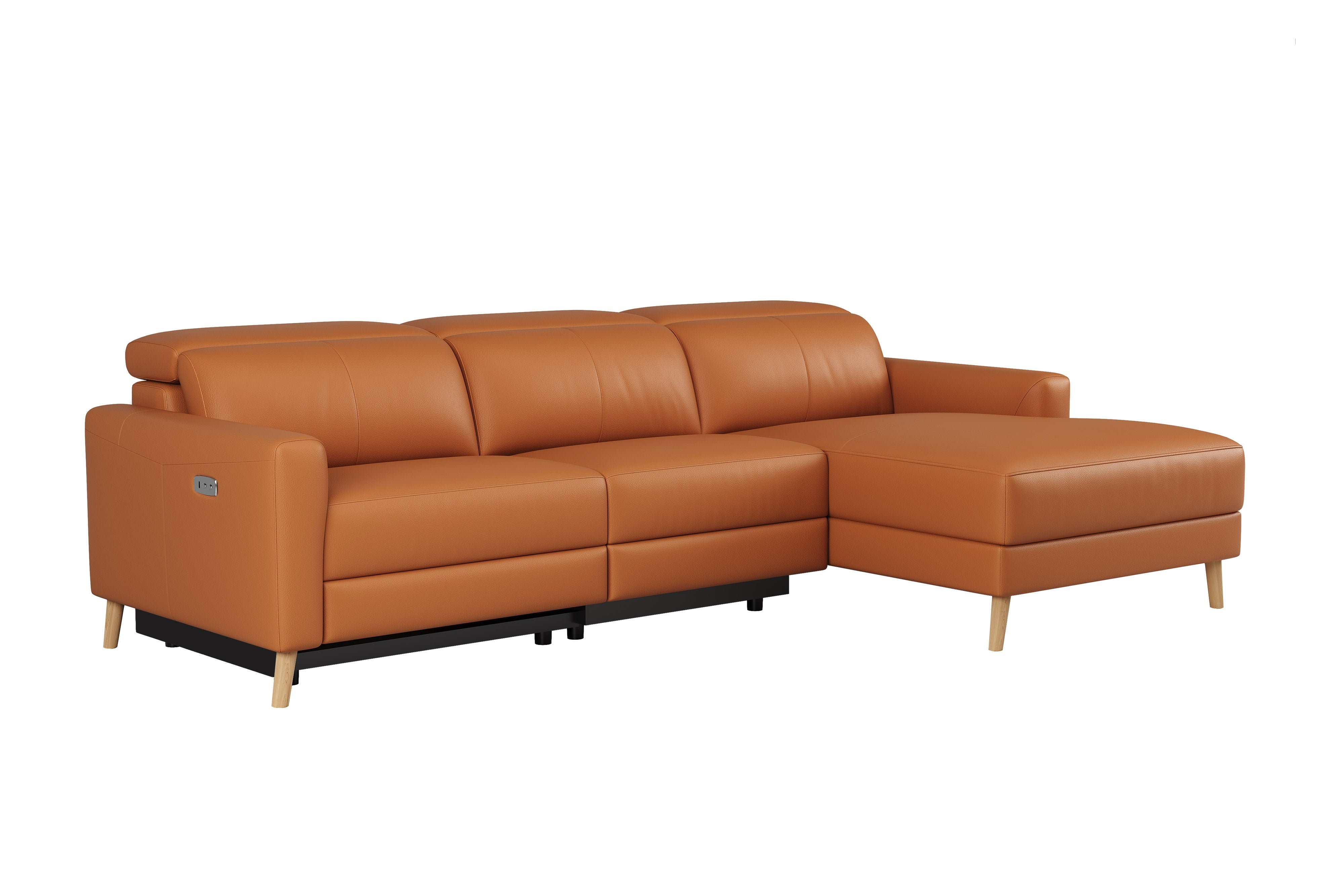 Valencia Elodie Top Grain Leather Sectional Sofa, Three Seats with Right Chaise, Cognac