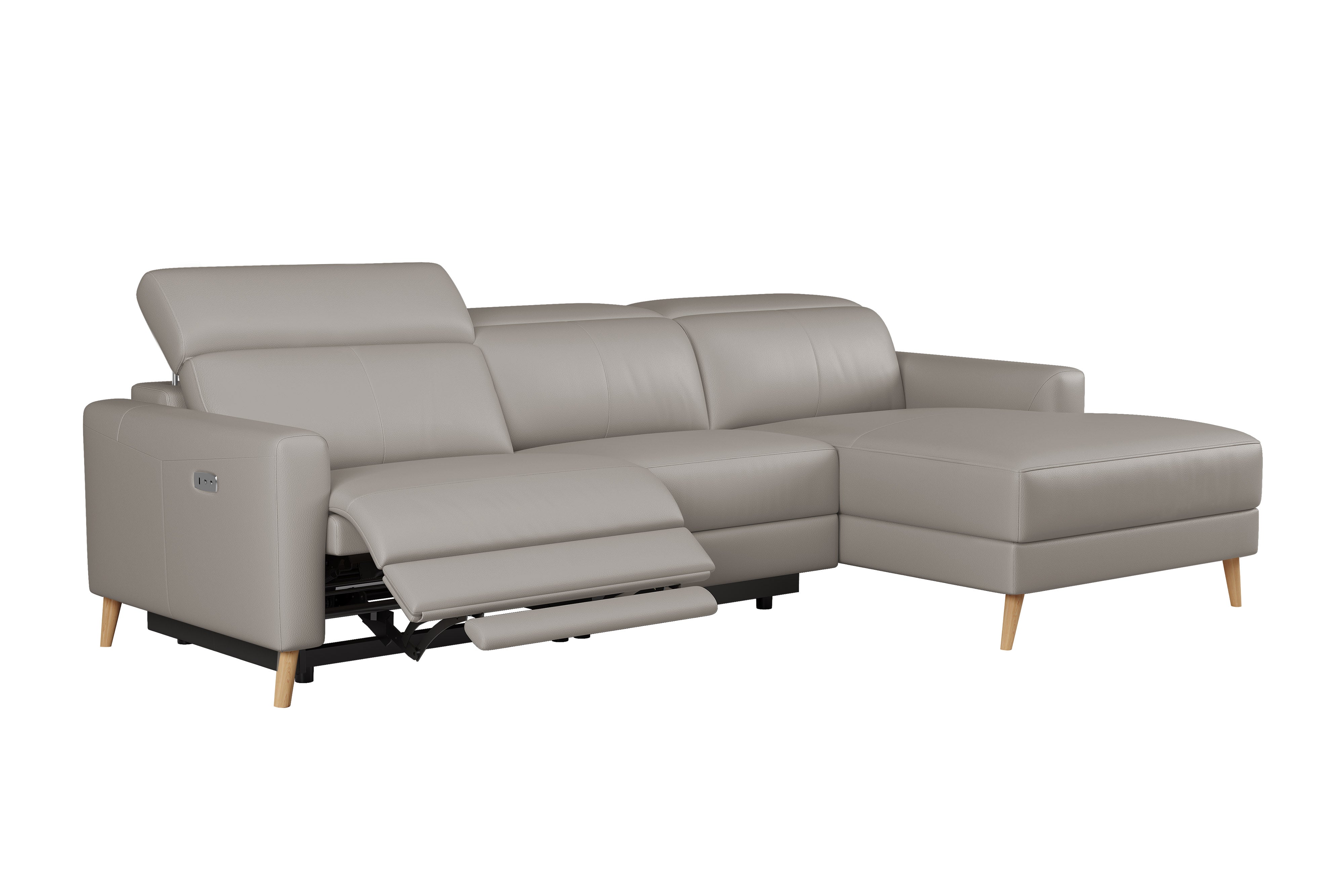 Valencia Elodie Top Grain Leather Sectional Sofa, Three Seats with Right Chaise, Light Grey