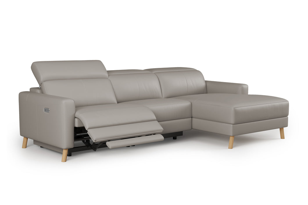 Valencia Elodie Top Grain Leather Sectional Sofa, Three Seats with Right Chaise, Light Grey