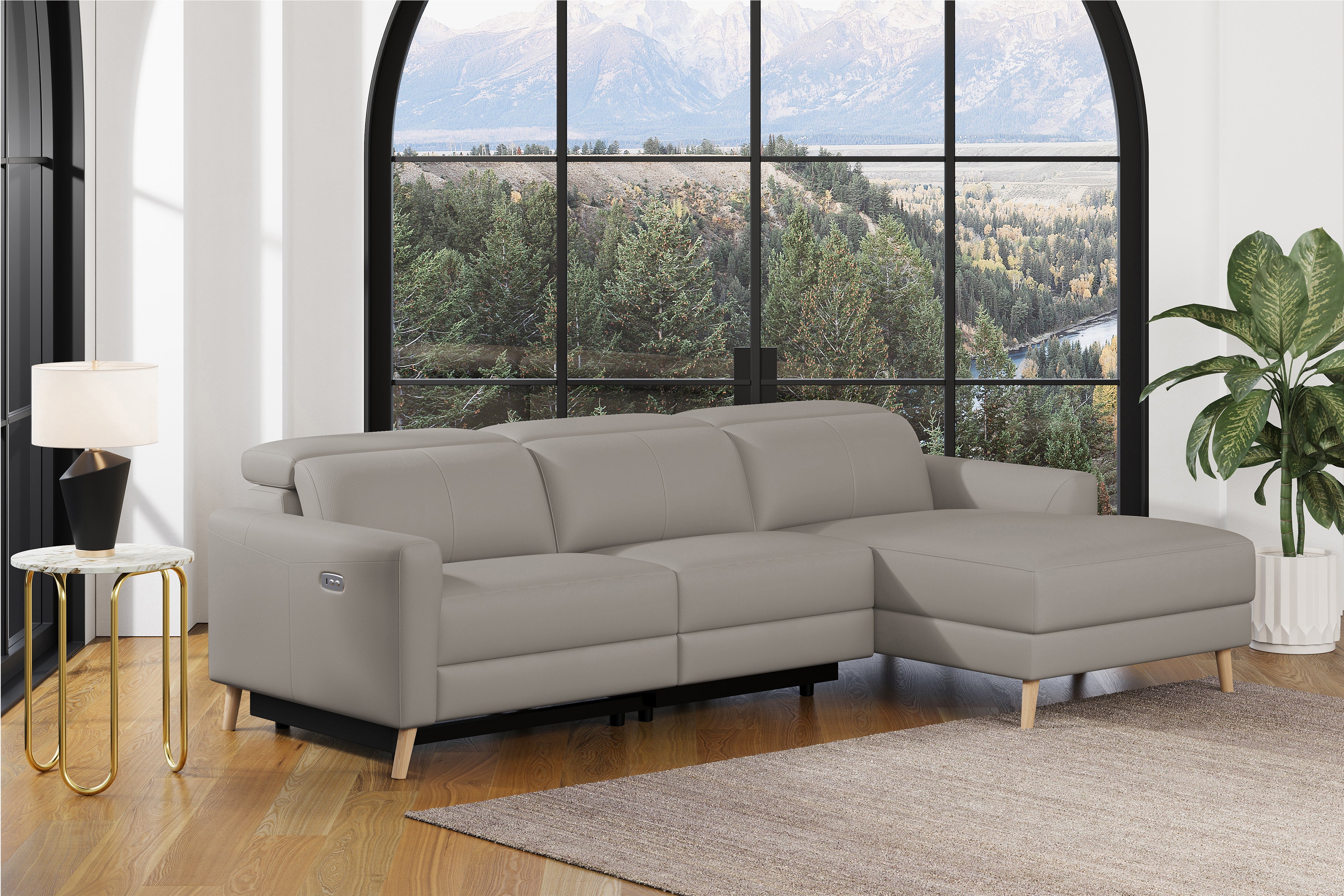 Valencia Elodie Top Grain Leather Sectional Sofa, Three Seats with Right Chaise, Light Grey