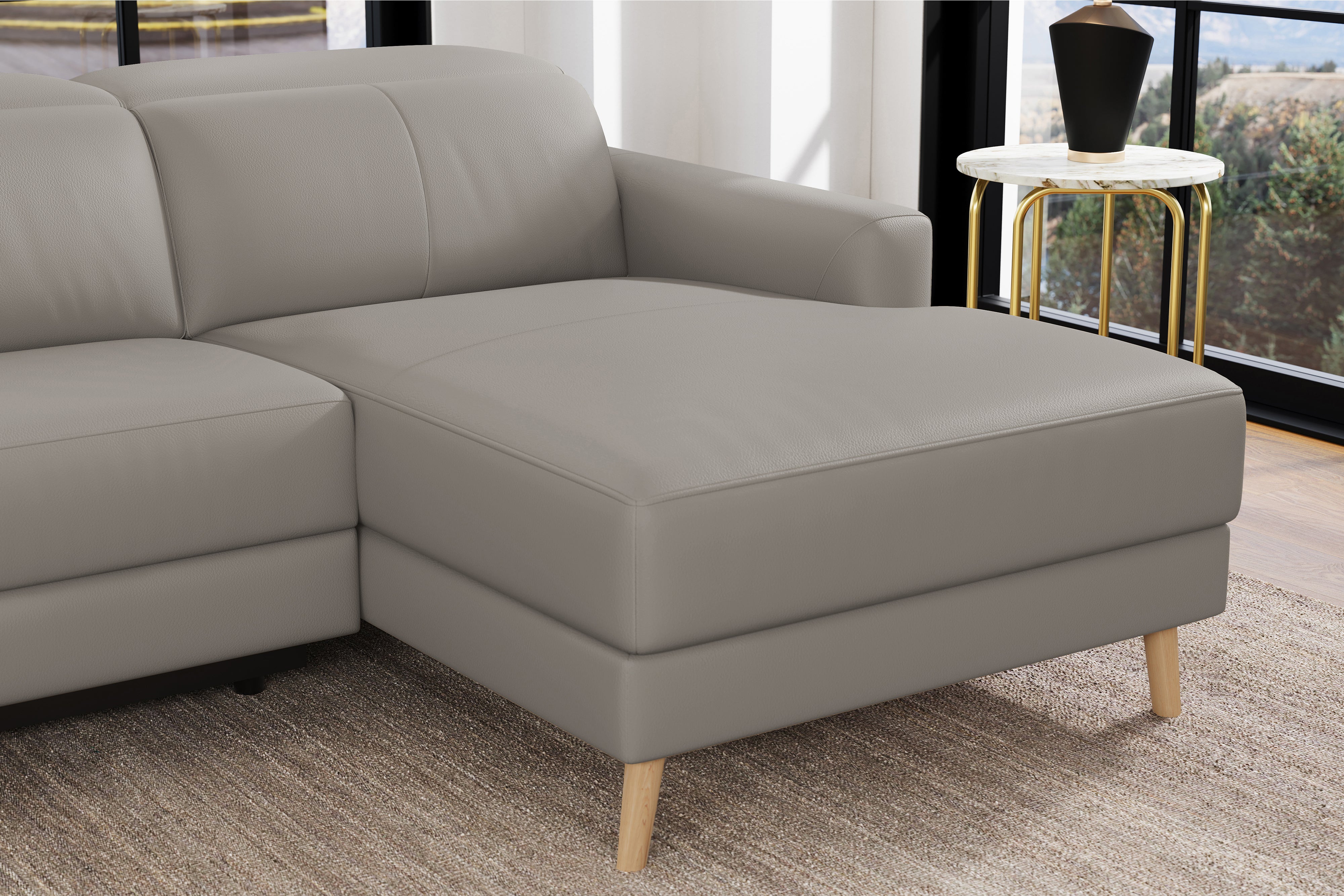 Valencia Elodie Top Grain Leather Sectional Sofa, Three Seats with Right Chaise, Light Grey