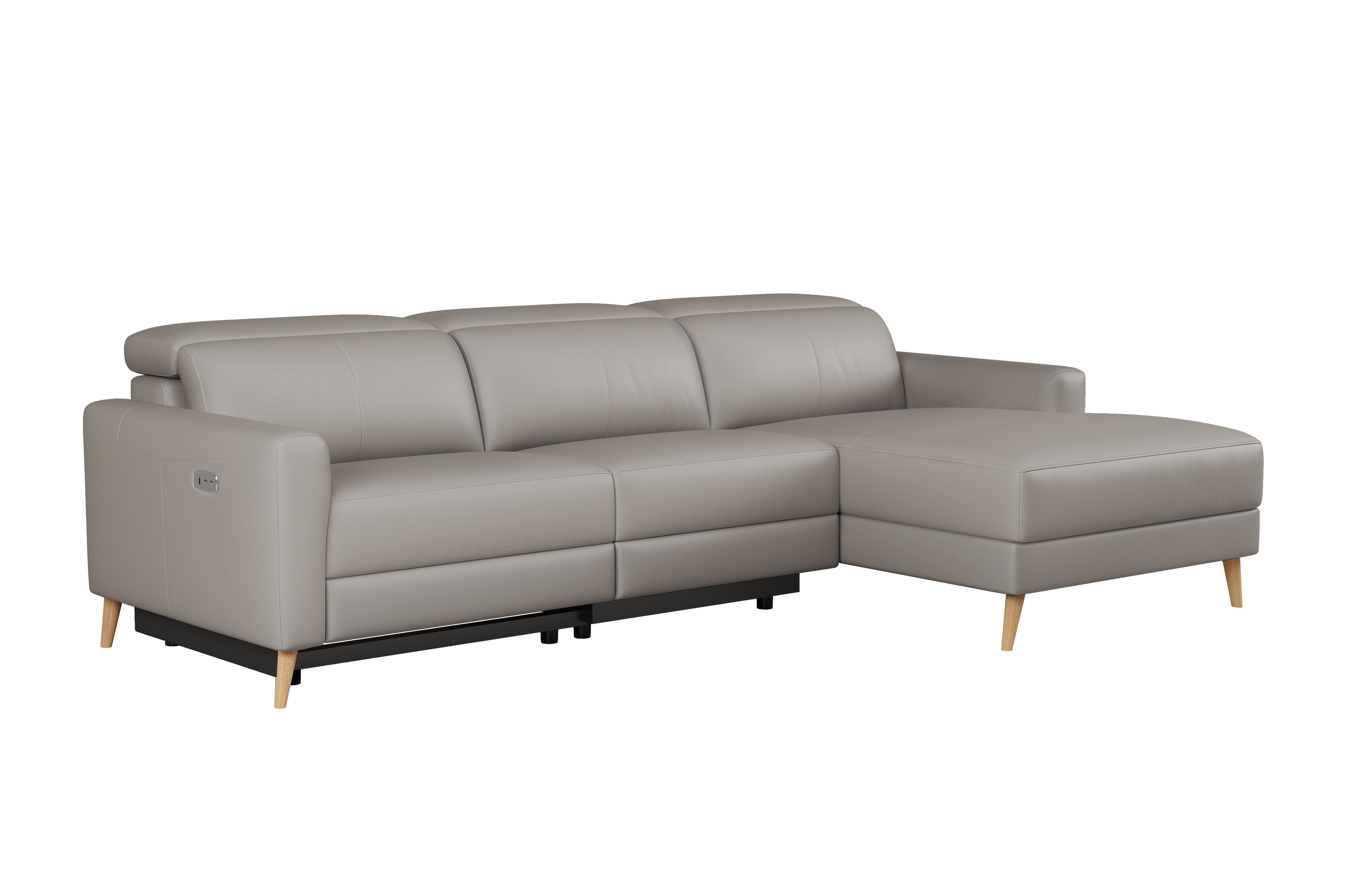 Valencia Elodie Top Grain Leather Sectional Sofa, Three Seats with Right Chaise, Light Grey