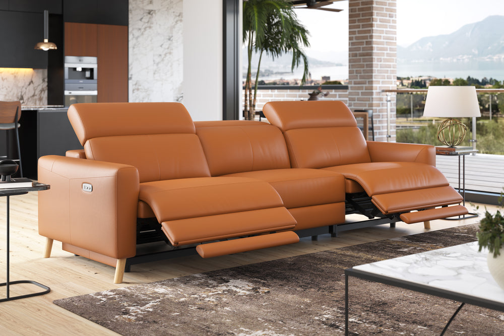 Valencia Elodie Top Grain Leather Three Seats with Double Recliners Sofa, Cognac