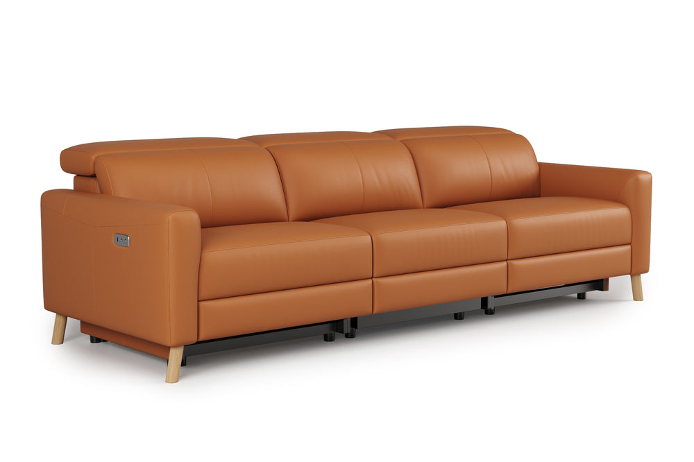 Valencia Elodie Top Grain Leather Three Seats with Double Recliners Sofa, Cognac