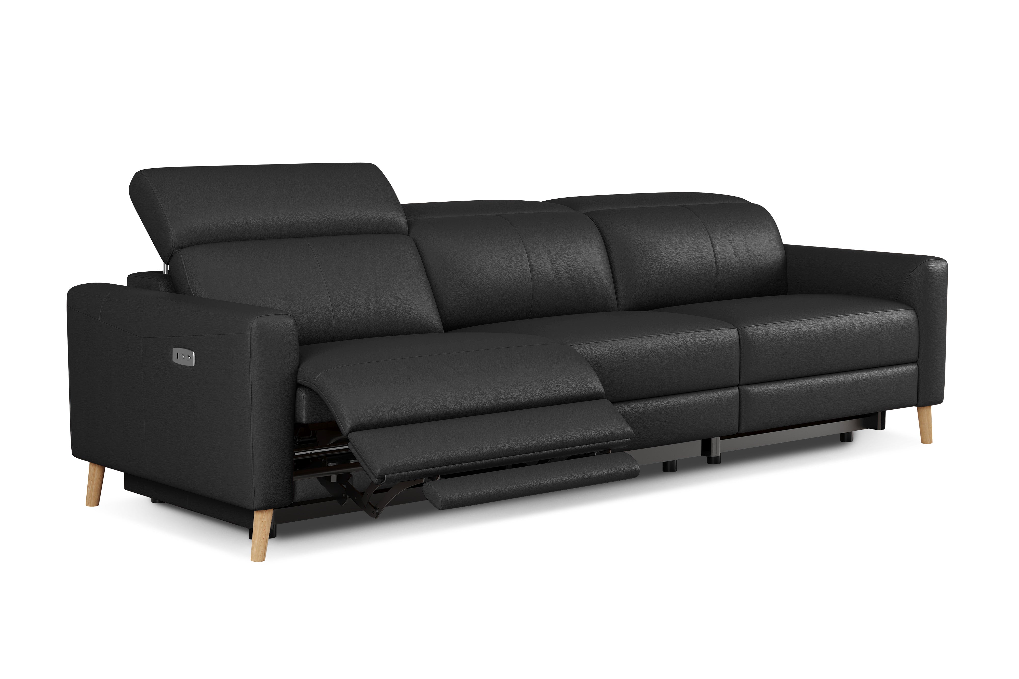 Valencia Elodie Top Grain Leather Three Seats with Double Recliners Sofa, Black