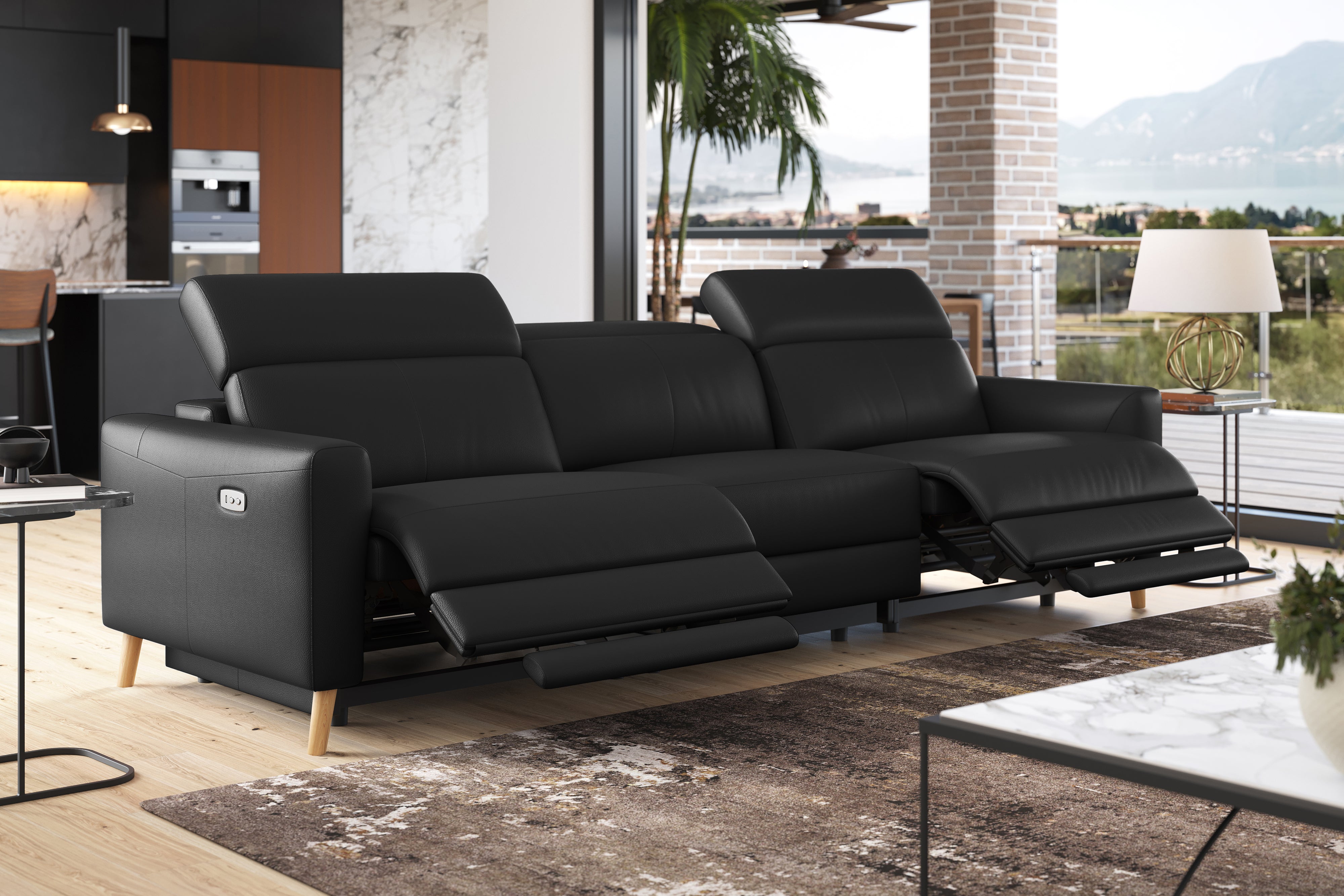 Valencia Elodie Top Grain Leather Three Seats with Double Recliners Sofa, Black