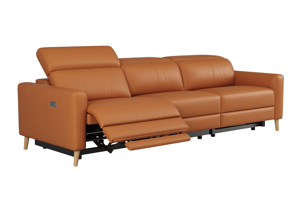 Valencia Elodie Top Grain Leather Three Seats with Double Recliners Sofa, Cognac