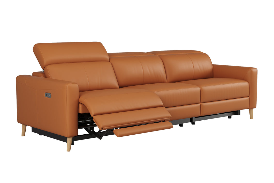 Valencia Elodie Top Grain Leather Three Seats with Double Recliners Sofa, Cognac