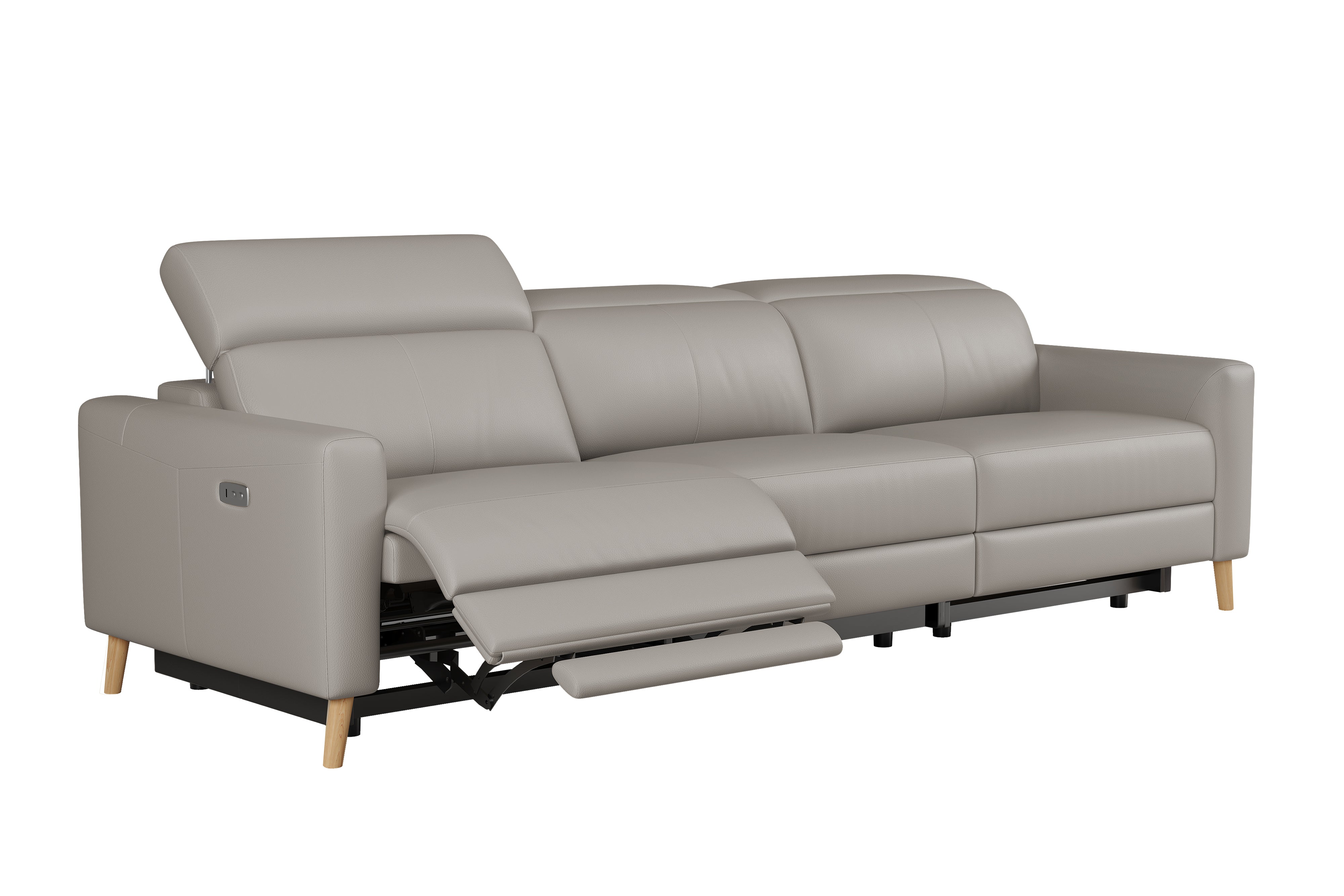 Valencia Elodie Top Grain Leather Three Seats with Double Recliners Sofa, Light Grey