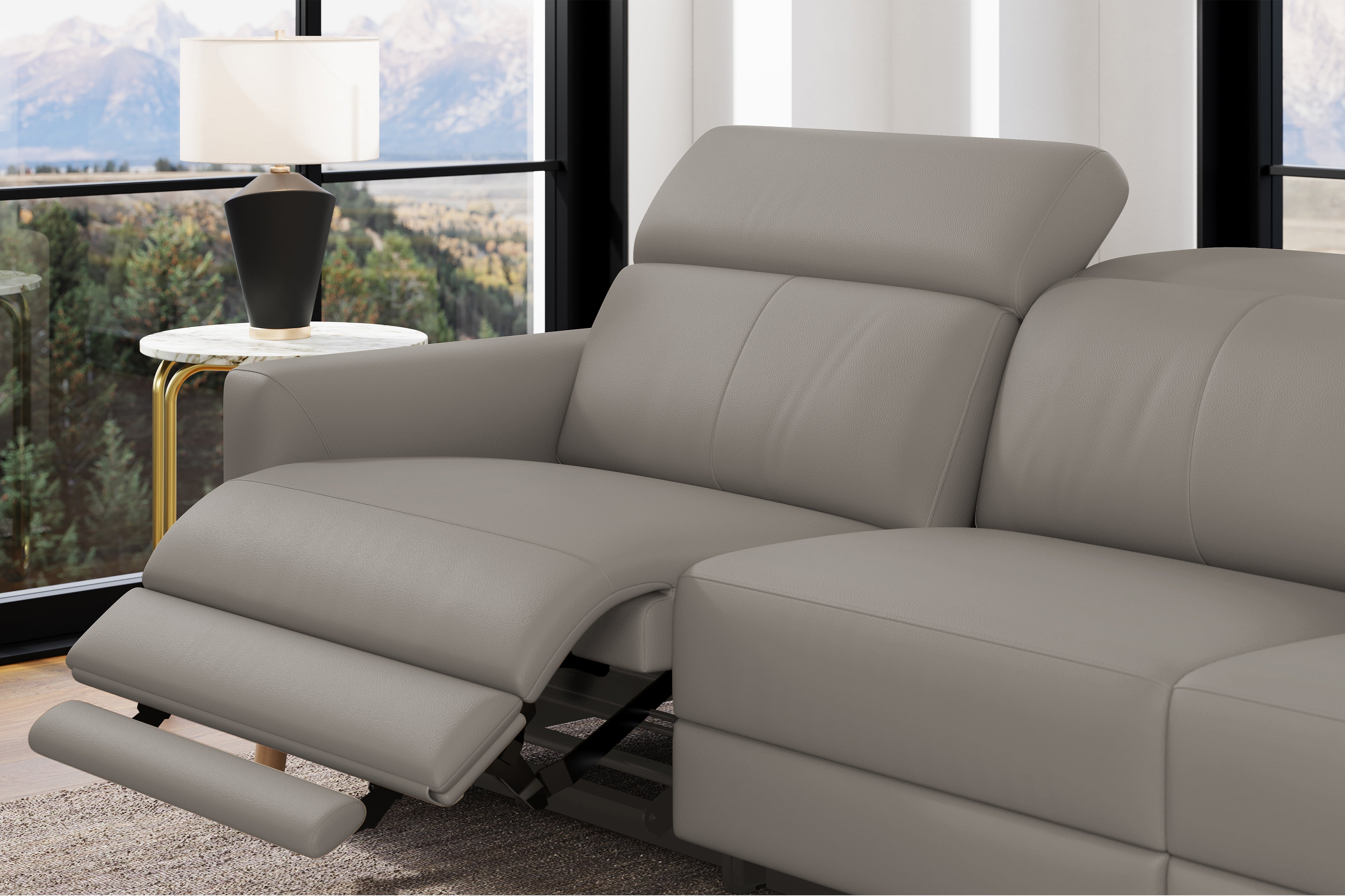 Valencia Elodie Top Grain Leather Three Seats with Double Recliners Sofa, Light Grey