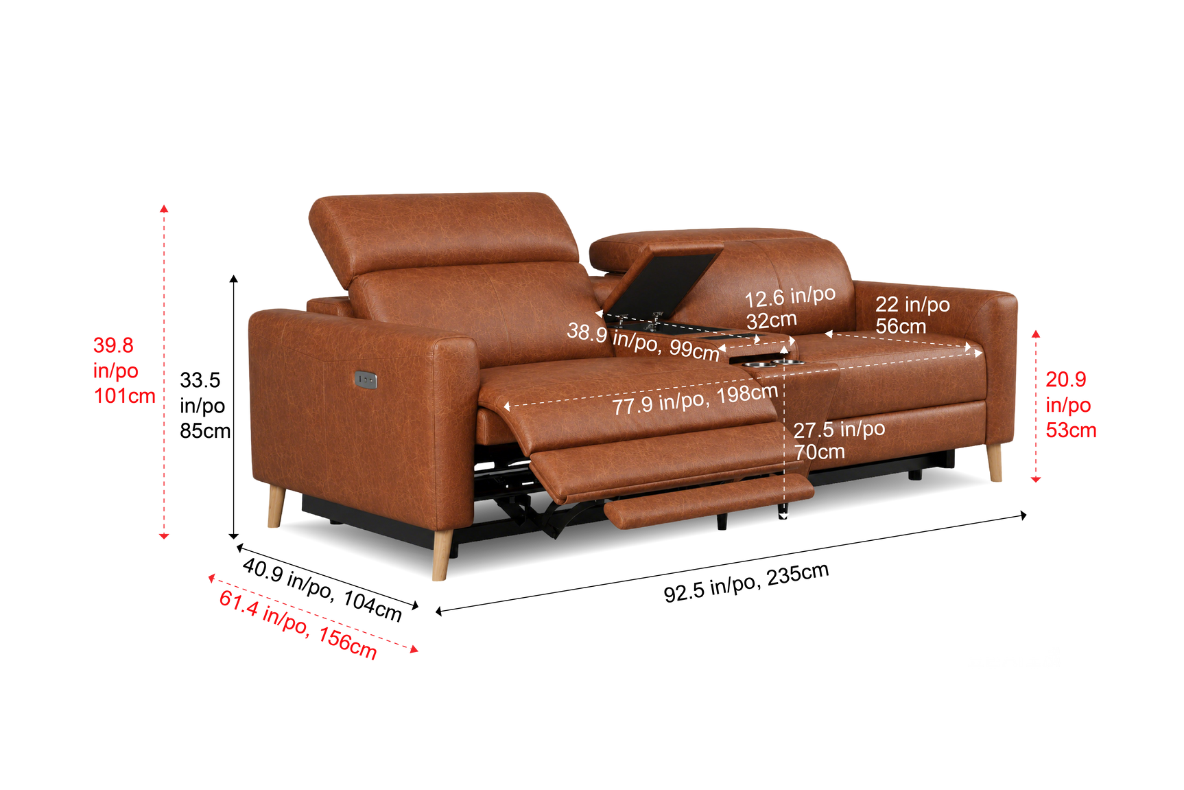 Elodie Distressed Italian Aniline Leather Dual Recliner Sofa with Console