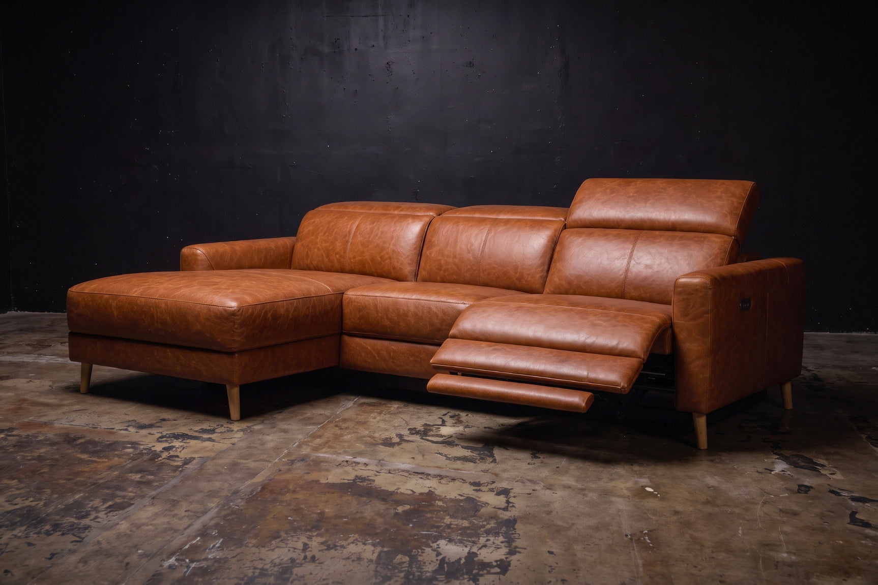 Elodie Distressed Italian Aniline Leather Recliner Sectional Sofa
