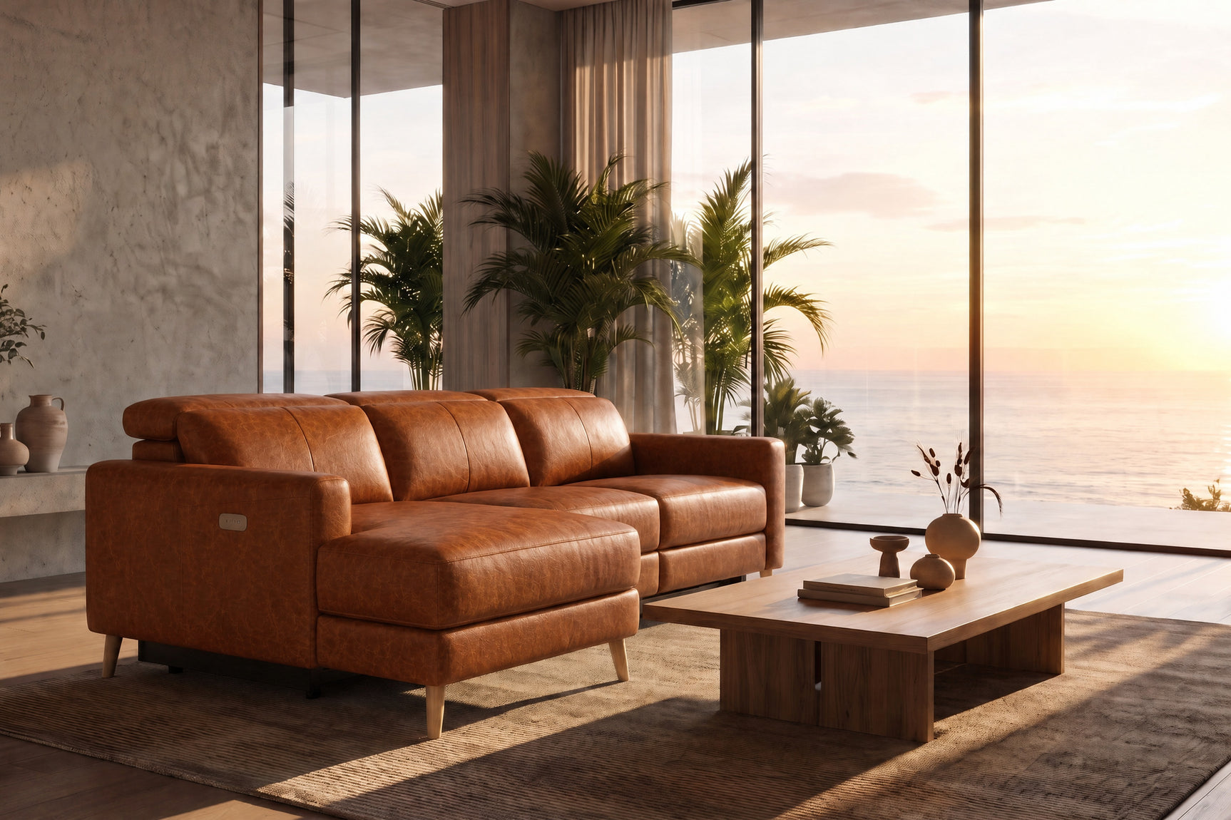 Elodie Distressed Italian Aniline Leather Recliner Sectional Sofa