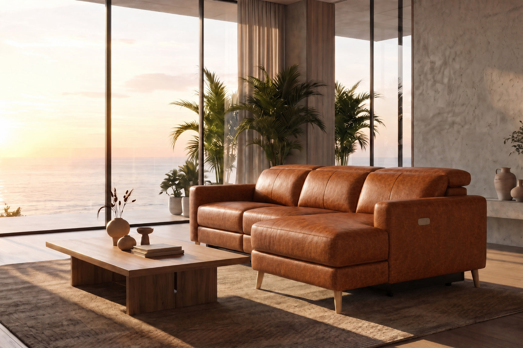 Elodie Distressed Italian Aniline Leather Recliner Sectional Sofa