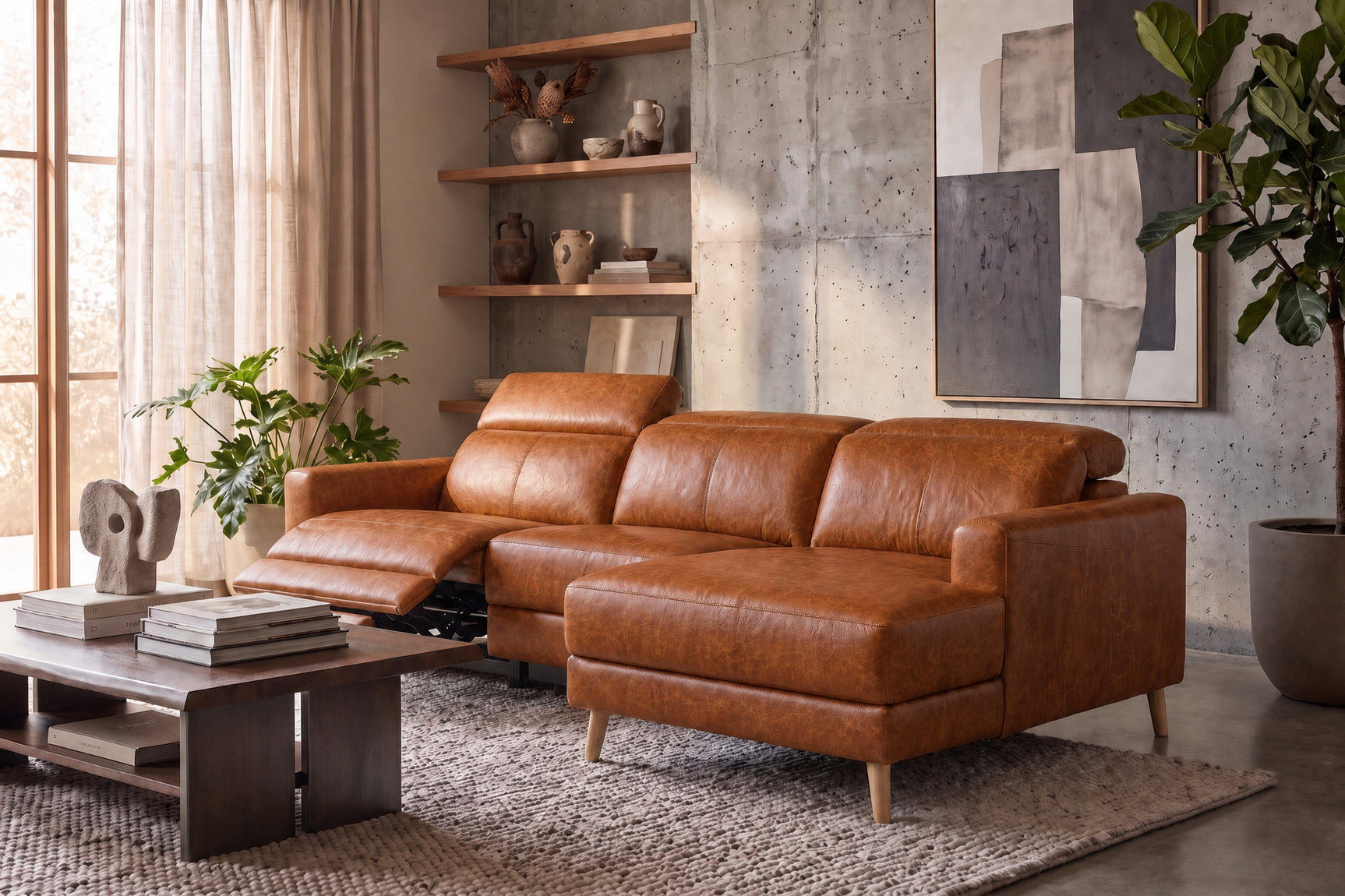 Elodie Distressed Italian Aniline Leather Recliner Sectional Sofa