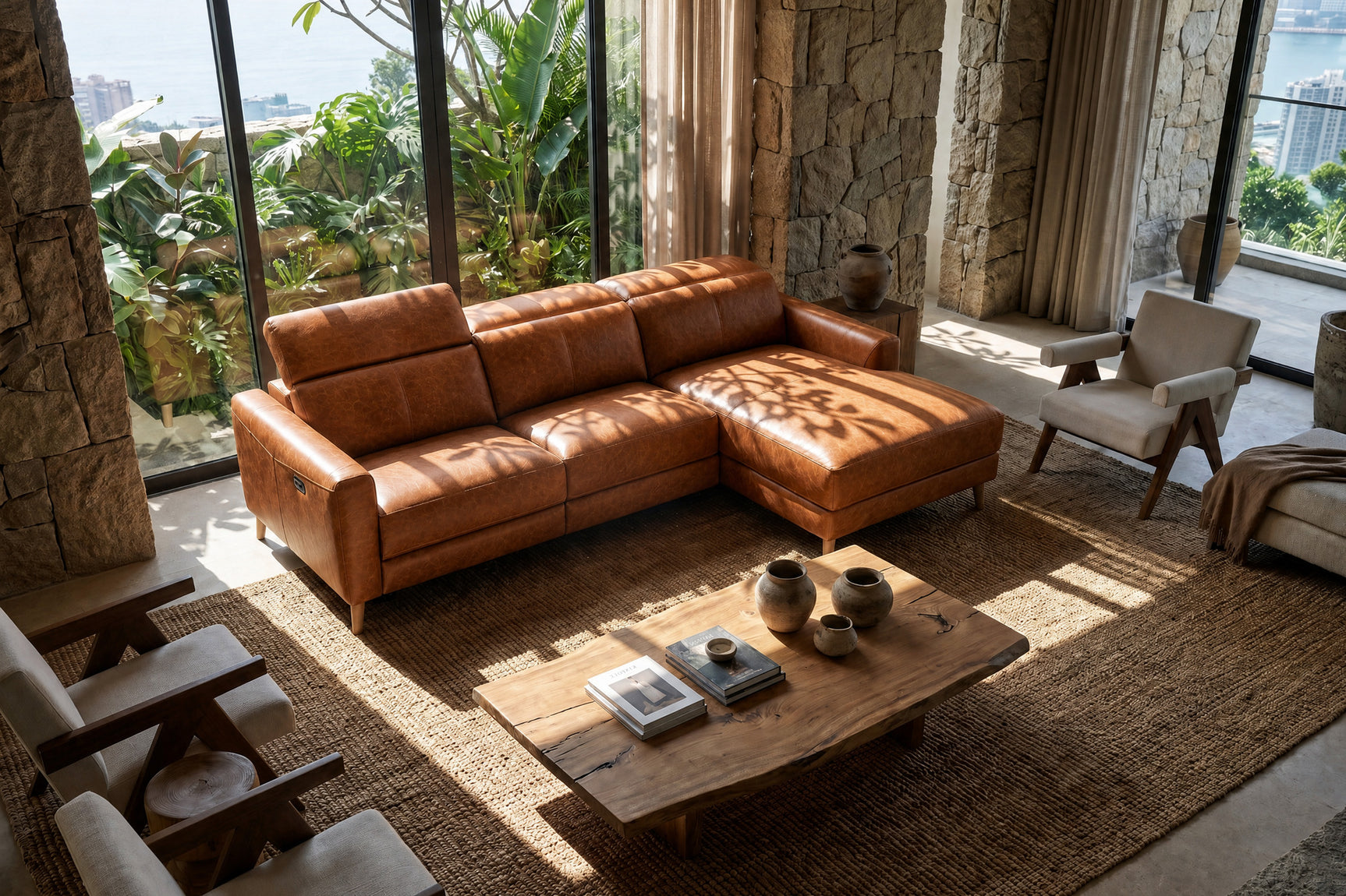 Elodie Distressed Italian Aniline Leather Recliner Sectional Sofa