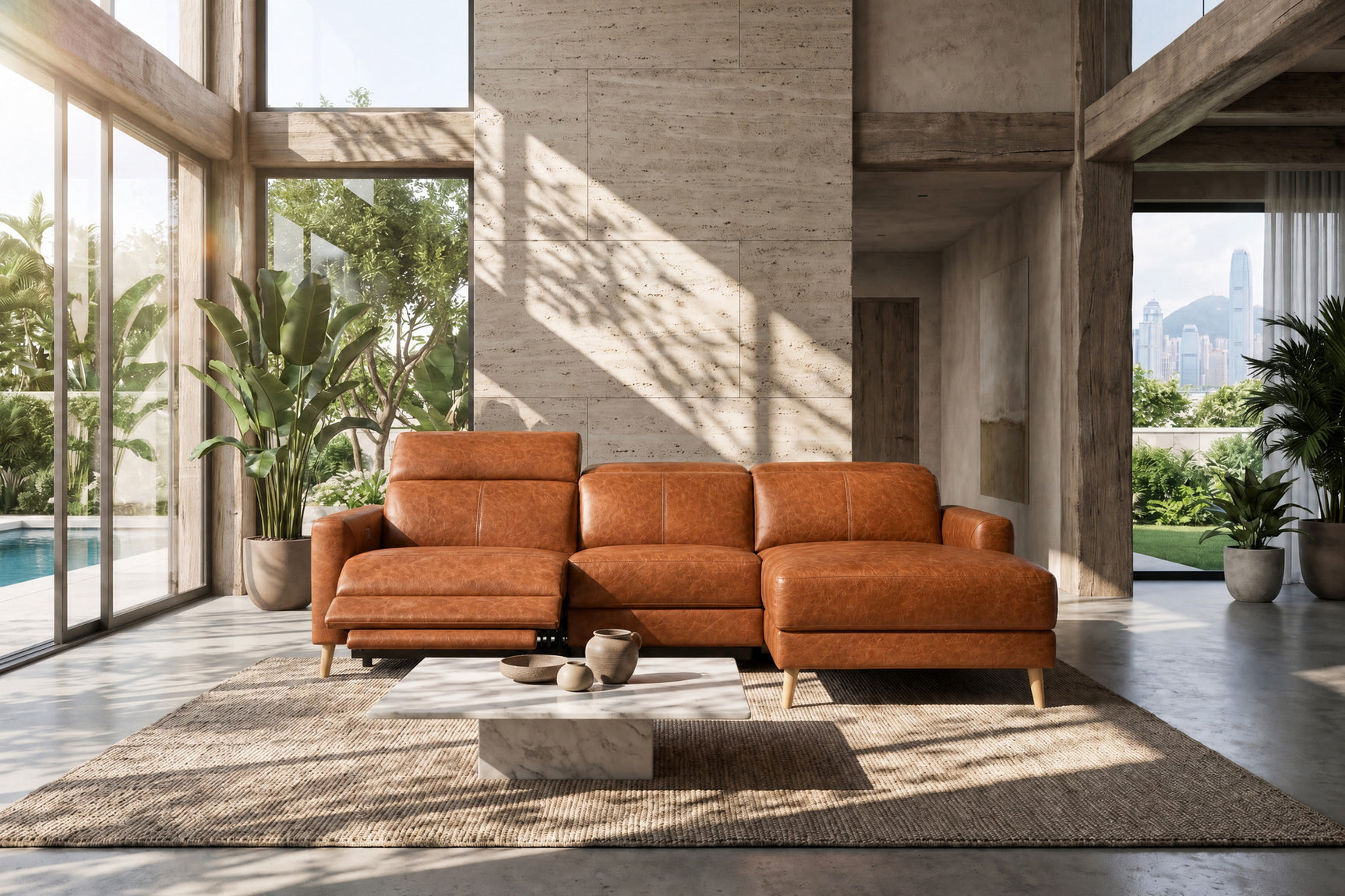Elodie Distressed Italian Aniline Leather Recliner Sectional Sofa