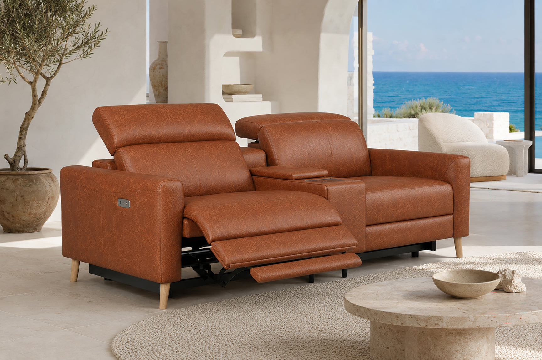 Elodie Distressed Italian Aniline Leather Dual Recliner Sofa with Console
