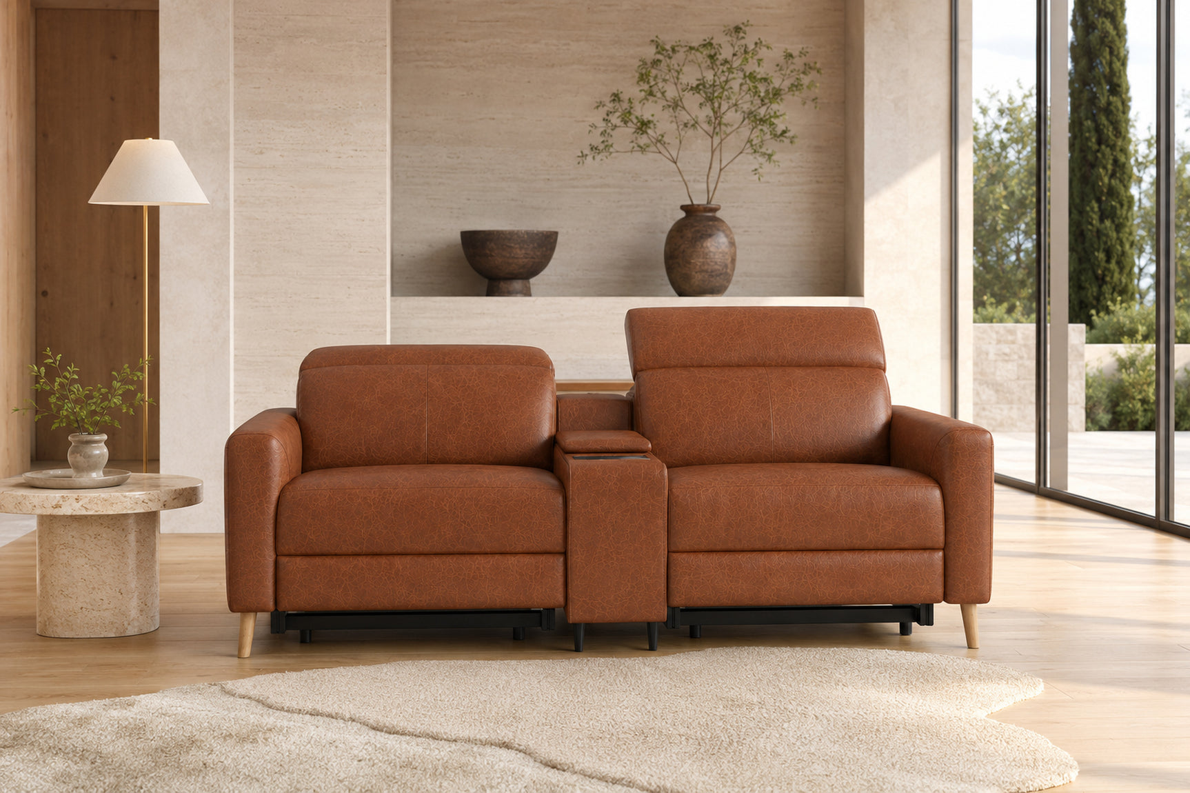 Elodie Distressed Italian Aniline Leather Dual Recliner Sofa with Console