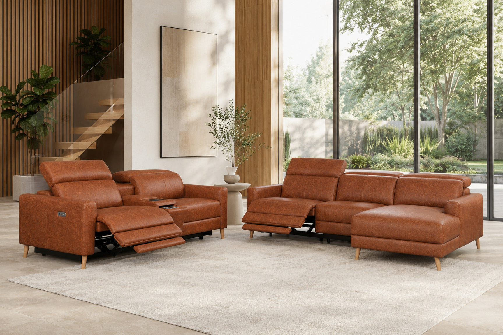 Elodie Distressed Italian Aniline Leather Dual Recliner Sofa with Console