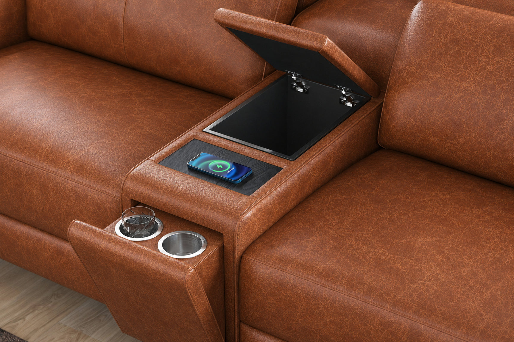 Elodie Distressed Italian Aniline Leather Dual Recliner Sofa with Console