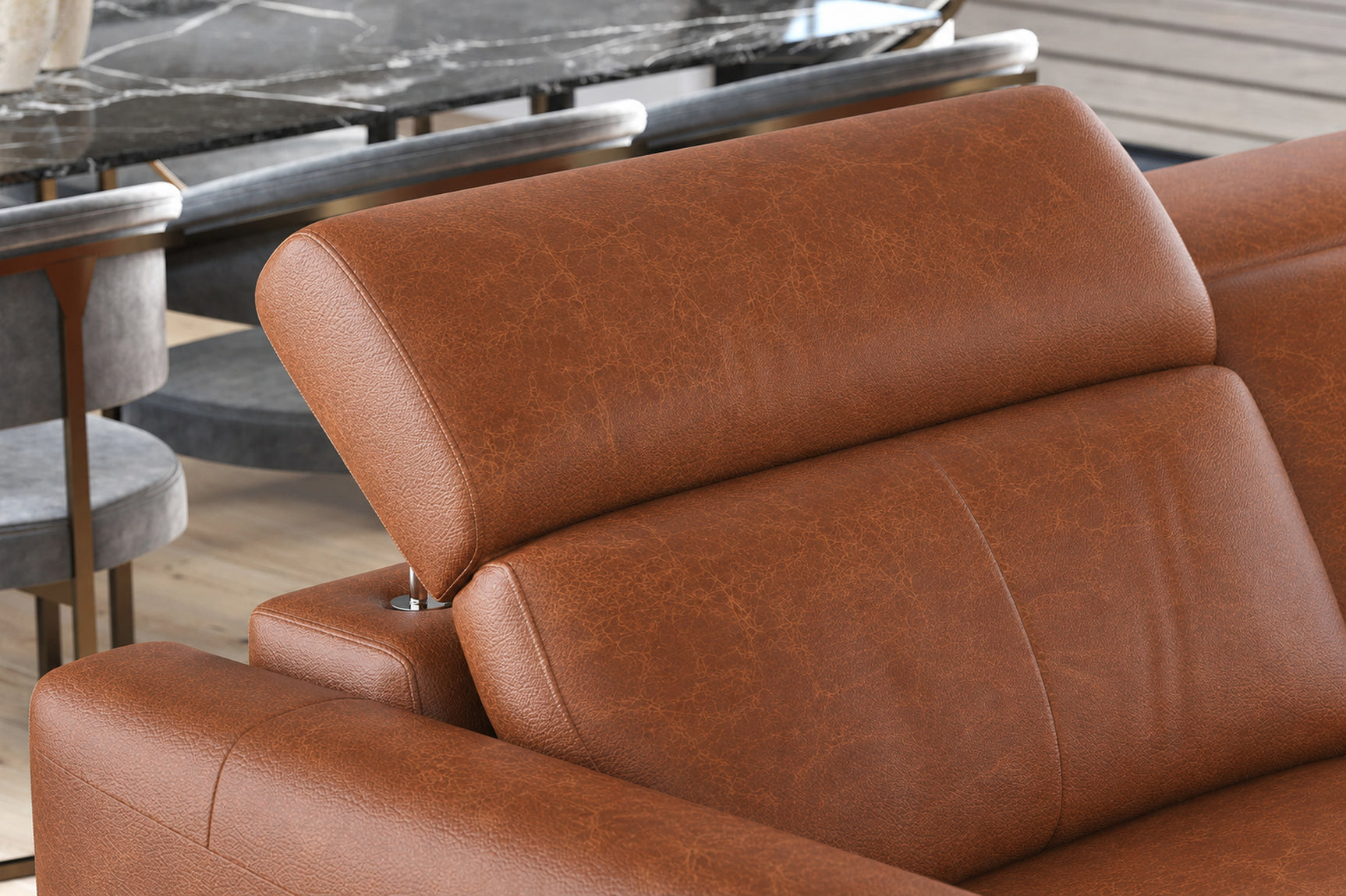 Elodie Distressed Italian Aniline Leather Dual Recliner Sofa with Console