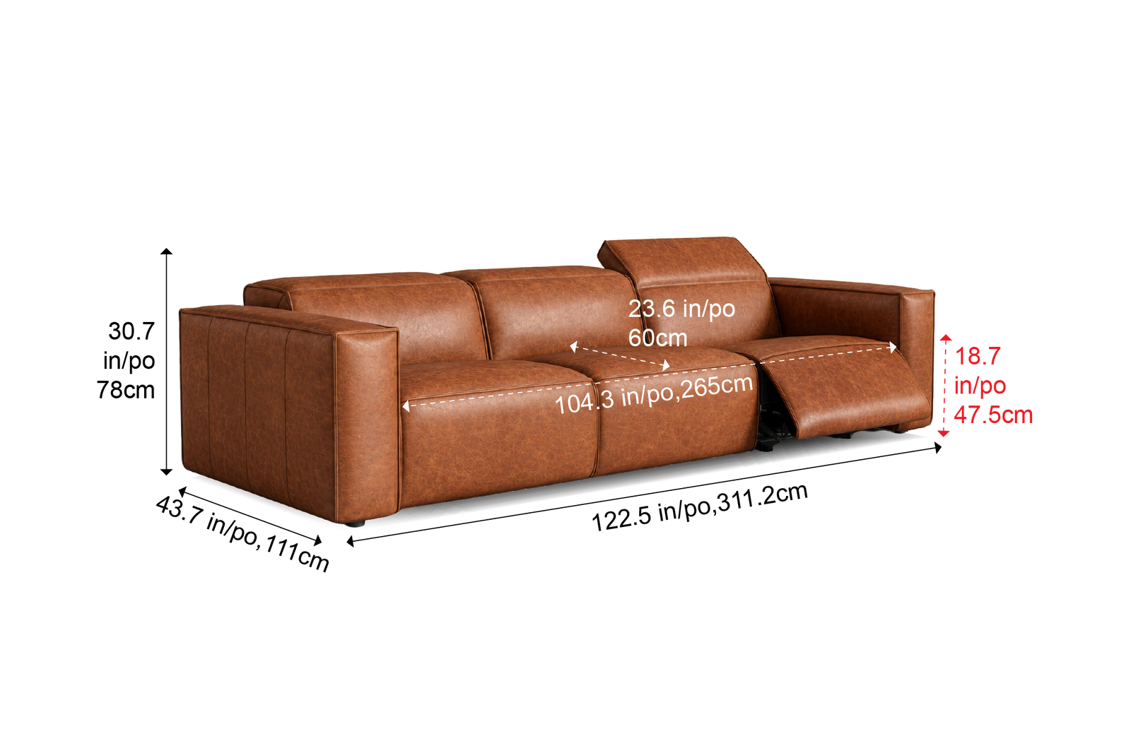 Emery three-seat dual reclining sofa dimensions diagram in inches and centimetres