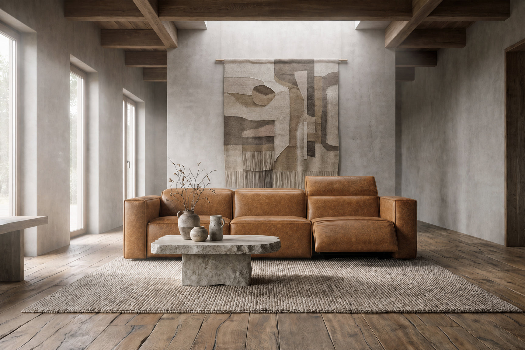 Emery Distressed Italian Aniline Leather Dual Recliner Sofa