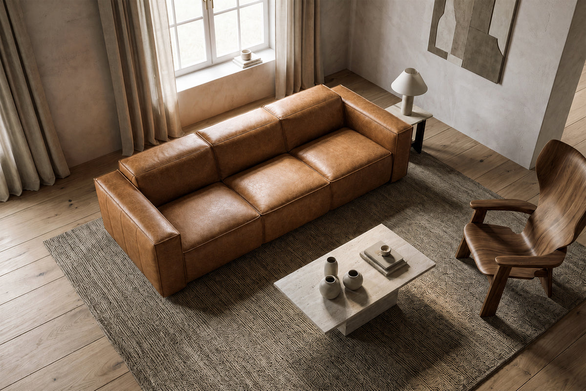 Emery Distressed Italian Aniline Leather Dual Recliner Sofa