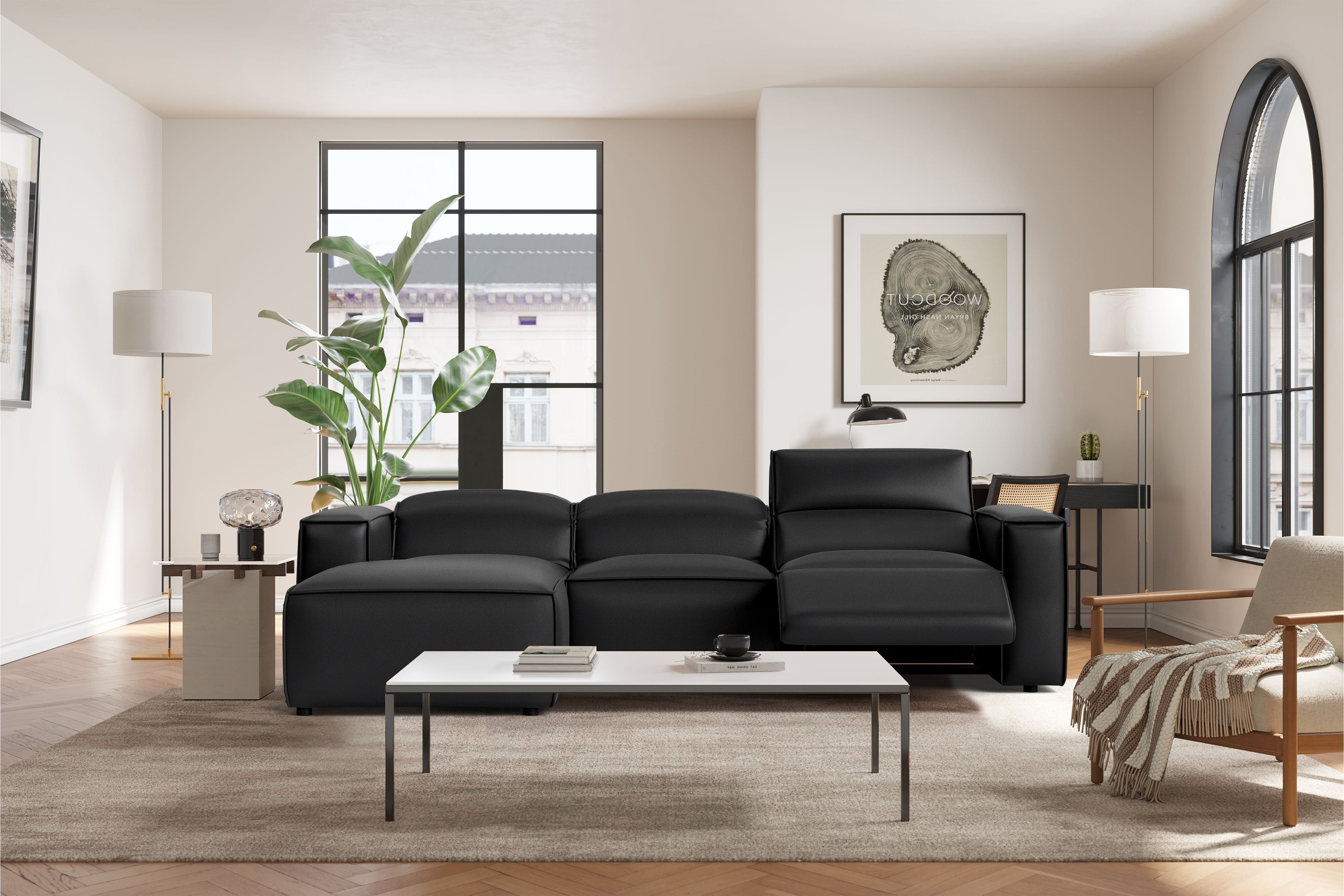 Valencia Emery Leather Sectional Sofa, Recliner Three Seats with Left Chaise, Black