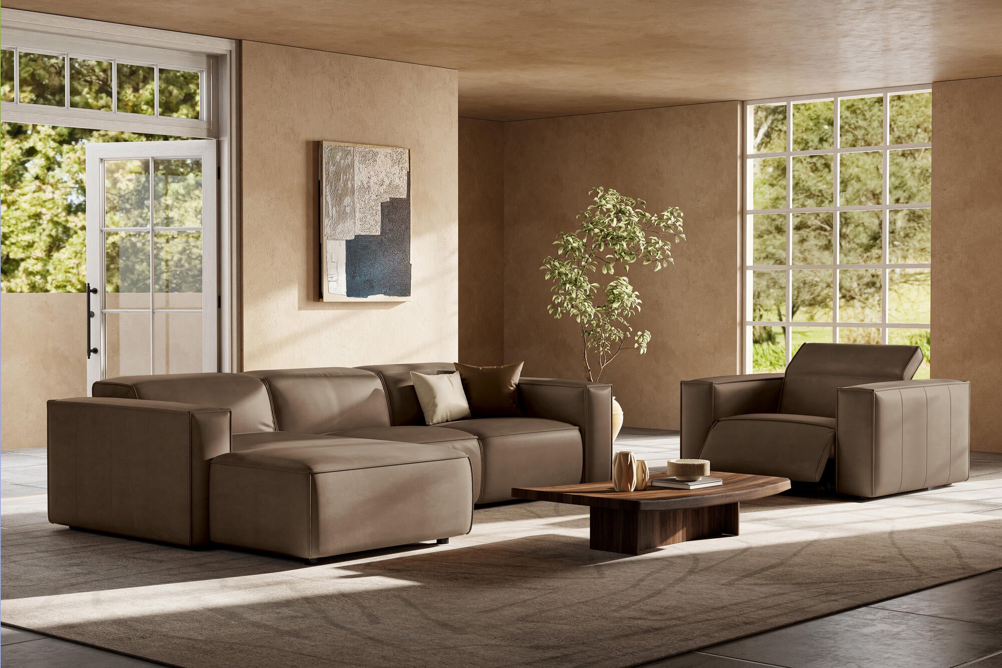 Valencia Emery Leather Sectional Sofa, Recliner Three Seats with Left Chaise, Brown