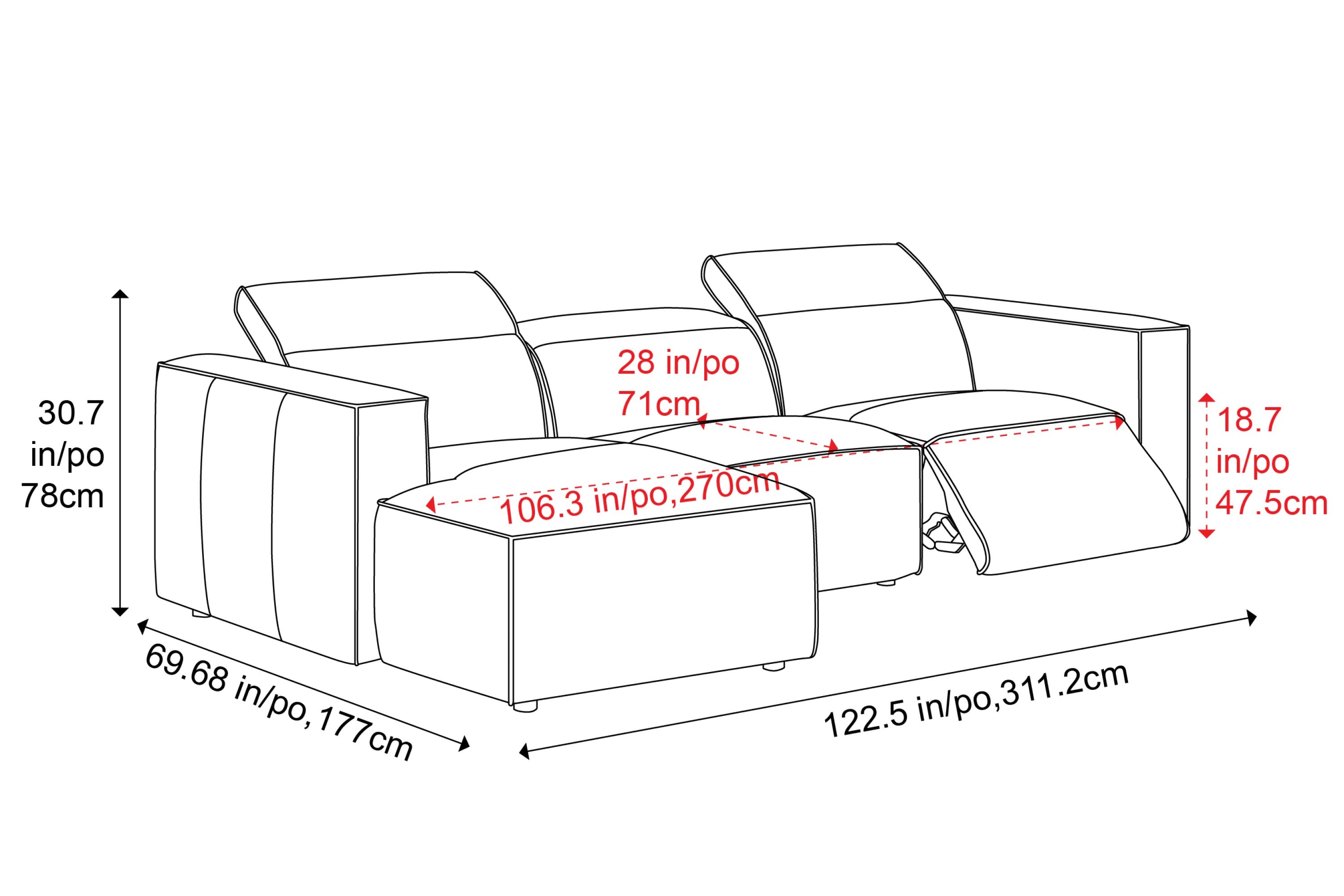 Valencia Emery Leather Sectional Sofa, Recliner Three Seats with Left Chaise, Black