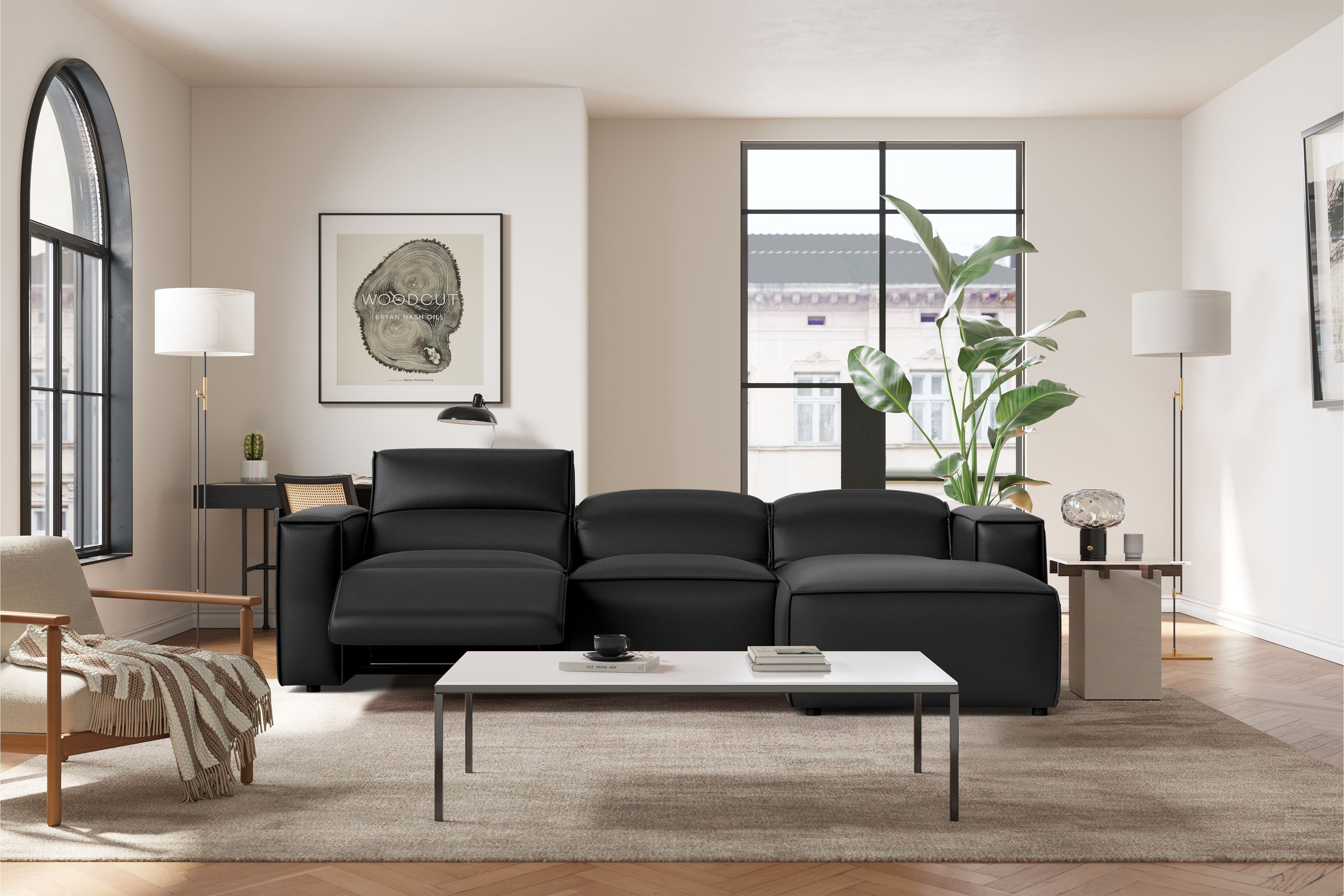 Valencia Emery Leather Sectional Sofa, Recliner Three Seats with Right Chaise, Black