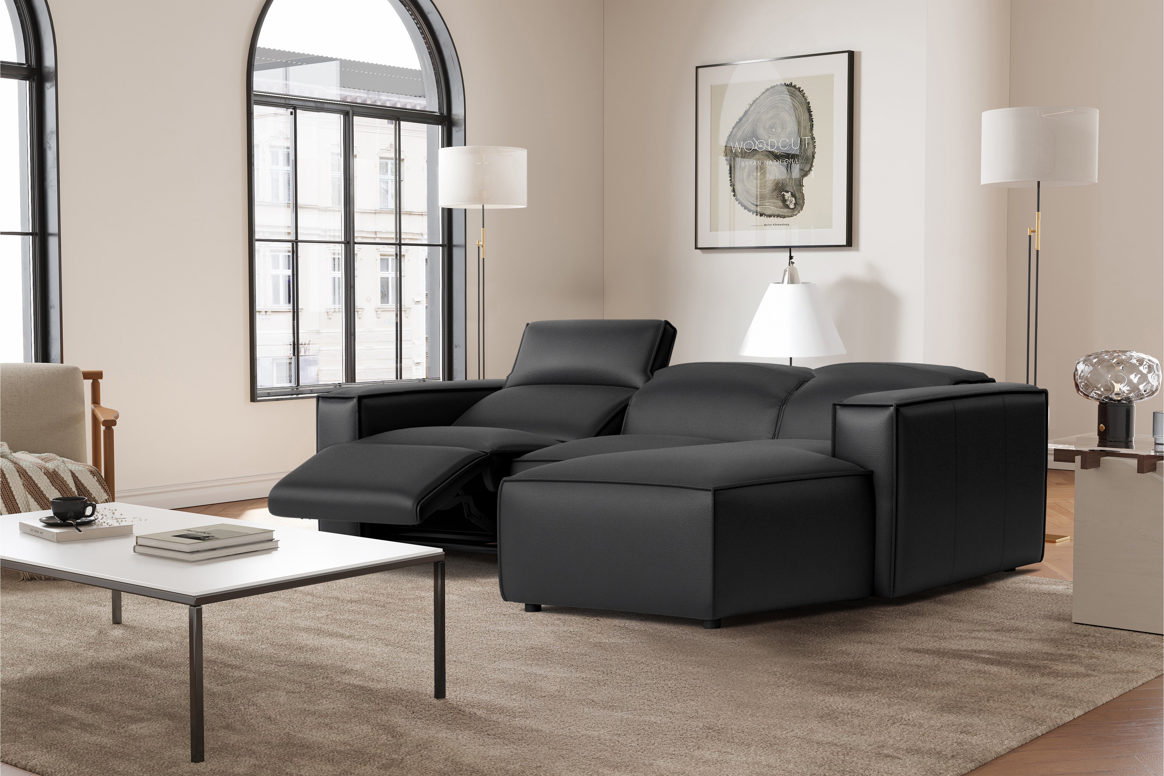 Valencia Emery Leather Sectional Sofa, Recliner Three Seats with Right Chaise, Black